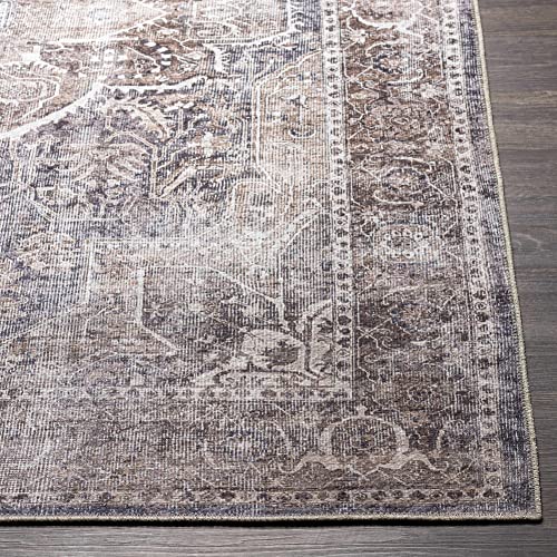 Image of Hauteloom Pegasus Turkish Oriental Medallion Living Room Bedroom Large Area Rug - 0.04 inch Pile Height - Machine Washable - Vintage Distressed - Traditional Faded - Brown, Navy Blue, Beige - 8'10 inch x 12'