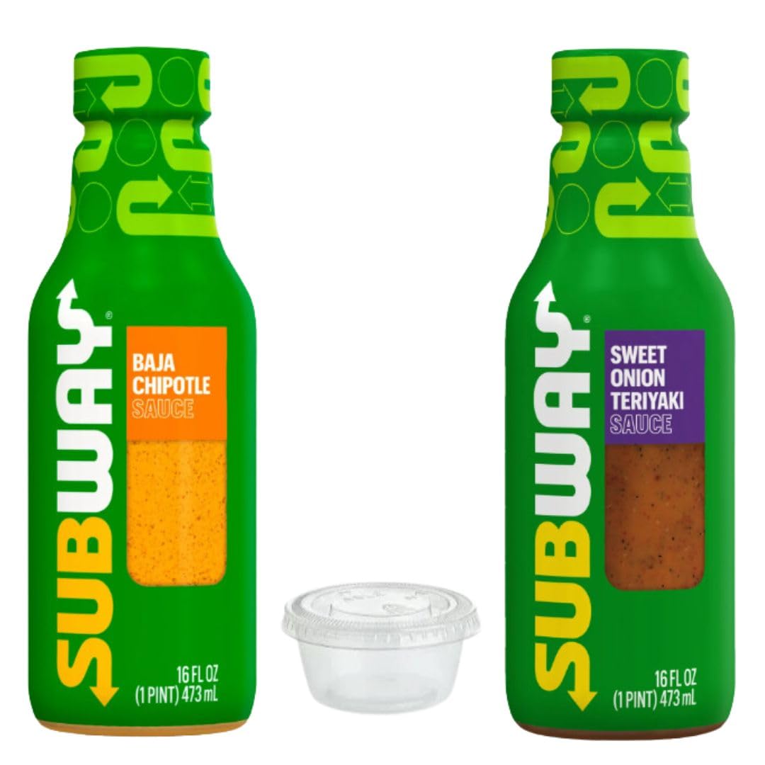 Generic Subways Sauce Bundle, Includes One (1) 16 oz Sweet Onion Teriyaki Sauce, One (1) 16 oz Baja Chipotle Sauce, and Five 2 oz To Go Containers