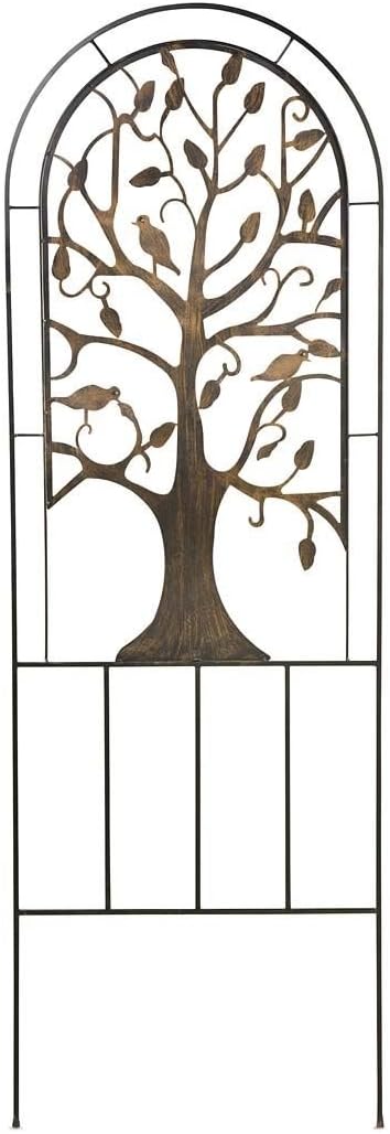 Plow & Hearth Arched Metal Garden Trellis with Symbolic Tree of Life Design, Weather-Resistant Matte Black Powder-Coat Finish and Burnished Bronze Highlights