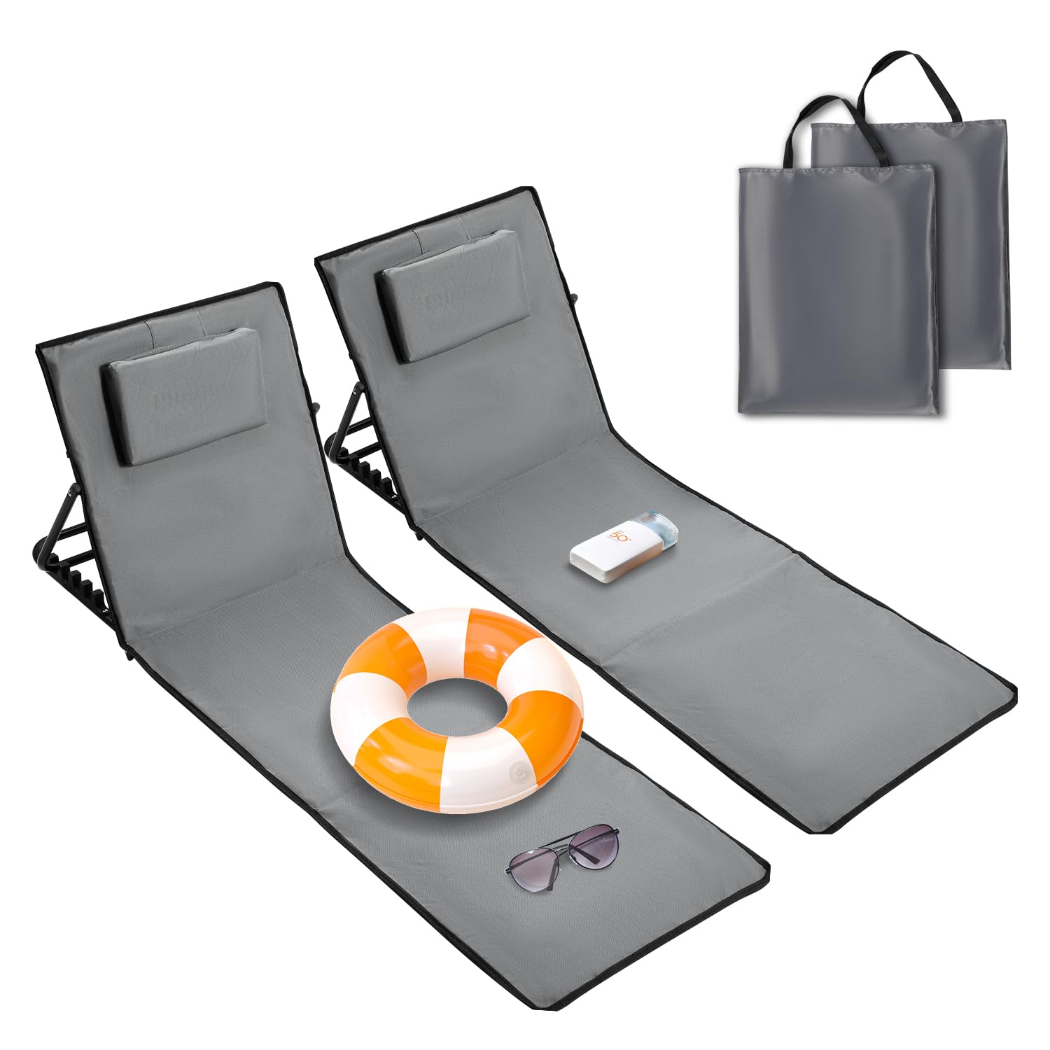 Lospitch Strandliege Klappbar leicht,2er Set, strandmatten gepolstert,Strandliege mit Handtasche,Staufächern,eingebautes Kissen mit 5-Gang-Einstellung, verschleißfestes Gewebe(158cm,dunkelgrau)