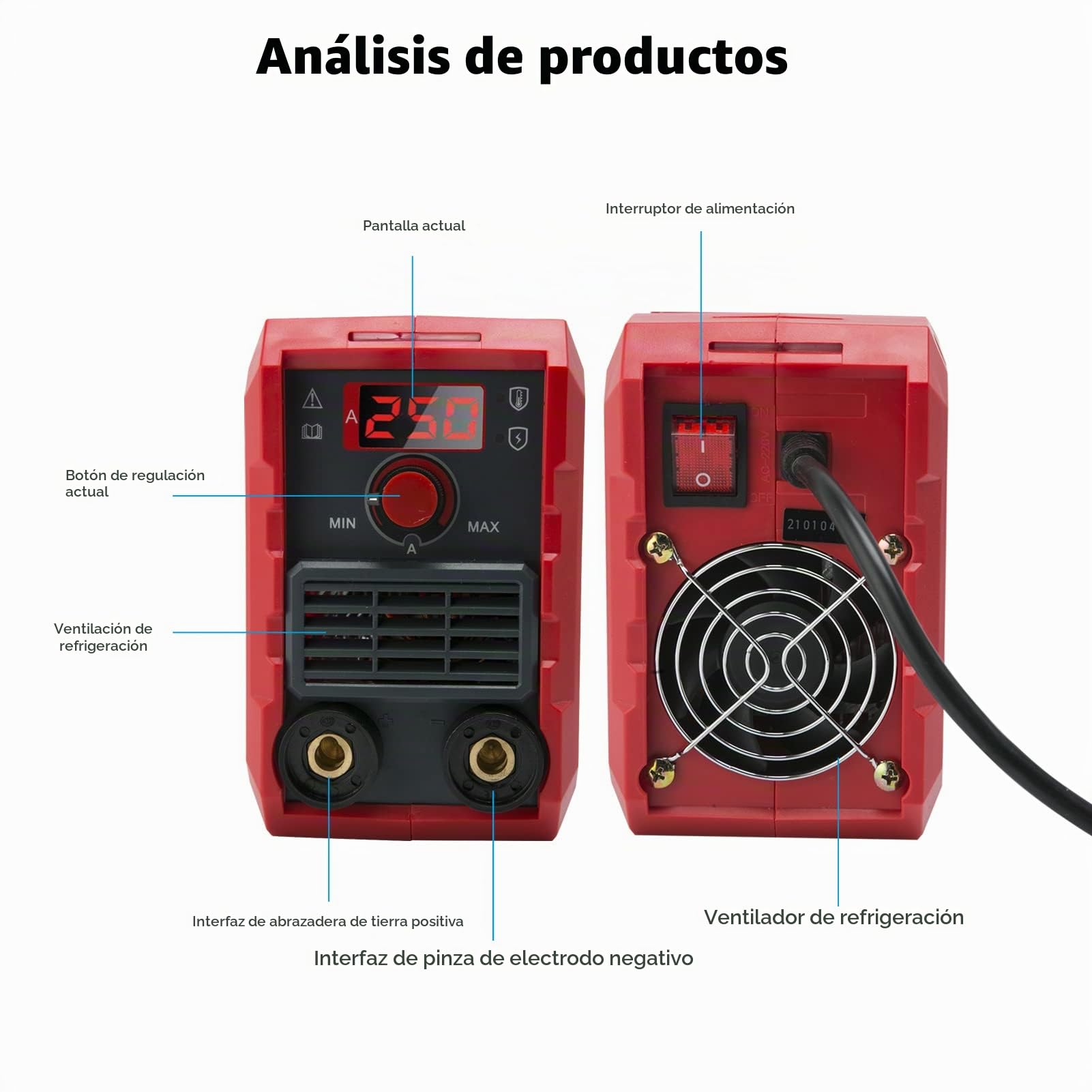 Máquina de Soldar MMA, Mini Soldador Inverter 250 A, Soldadora de Electrodos IGBT, Máquina de Soldar Portátil con Pantalla LCD, Refrigeración Inteligente, Protección contra Sobrecalentamiento
