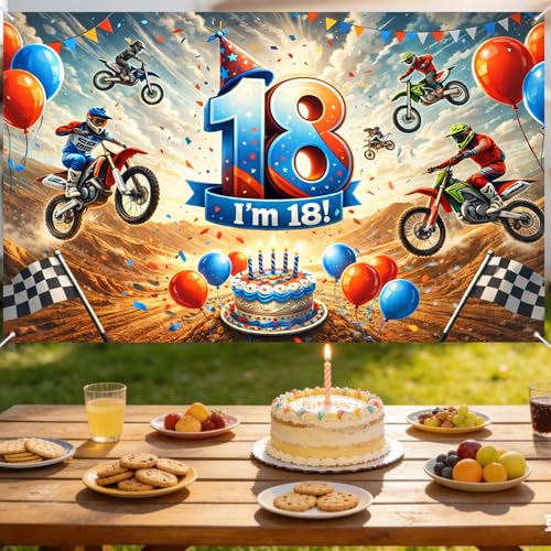 Image of Nuxovilar Happy 18th Birthday Banner Yard Sign 71 inchx43in Polyester Backdrop | Celebrate Party Supplies, Celebration Decor. Dirt Bike Birthday Party Decorations. Yard, Garage, Room. (Dirt Bike 18th)