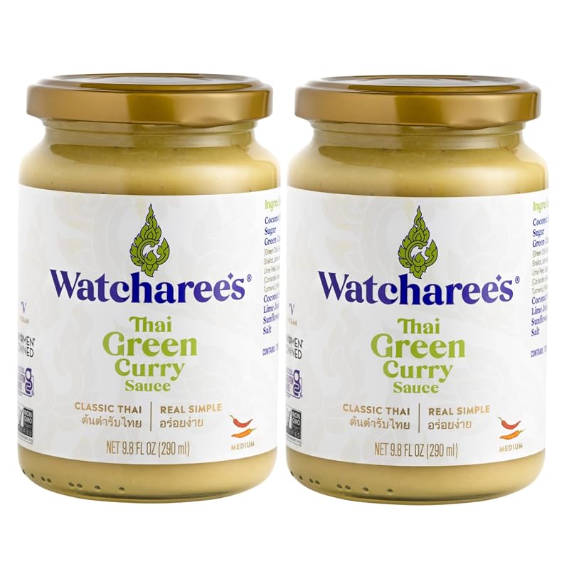 Watcharee’s Thai Green Curry Sauce – Authentic Thai Flavor Made from Real Green Curry Paste & Coconut Milk, Crafted with Natural Ingredients, Ready-to-Use, Vegan, Non-GMO, Gluten-Free, 9.8 fl oz (Pack