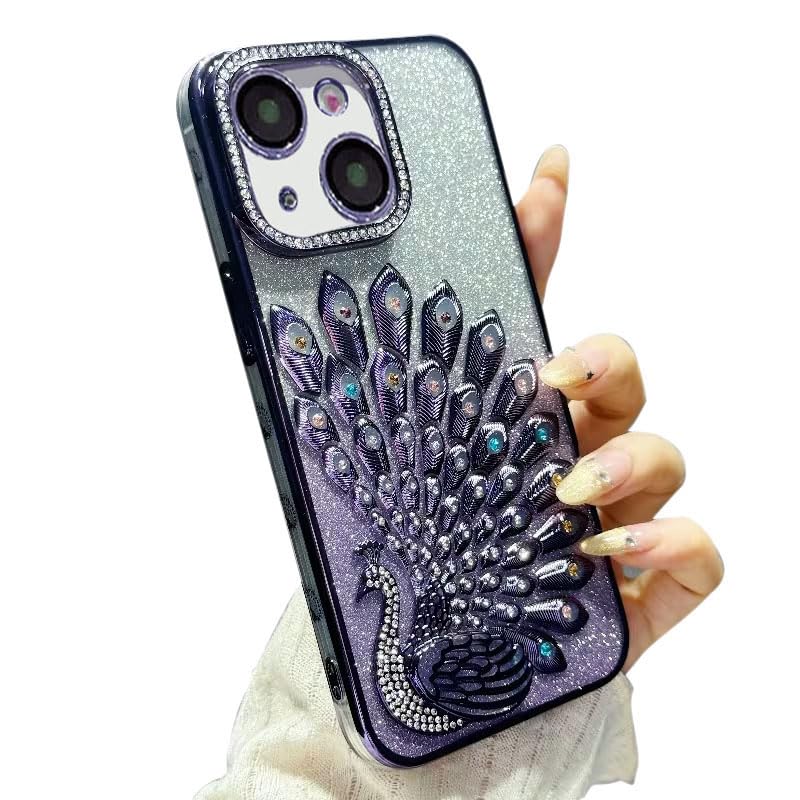 Image of mobistyle Case for iPhone 15 Plus,3D Diamond Luxury Electroplate Glitter Peacock Tail Bling Design Camera Protection Shockproof Phone Case for (Purple, iPhone 15 Plus)