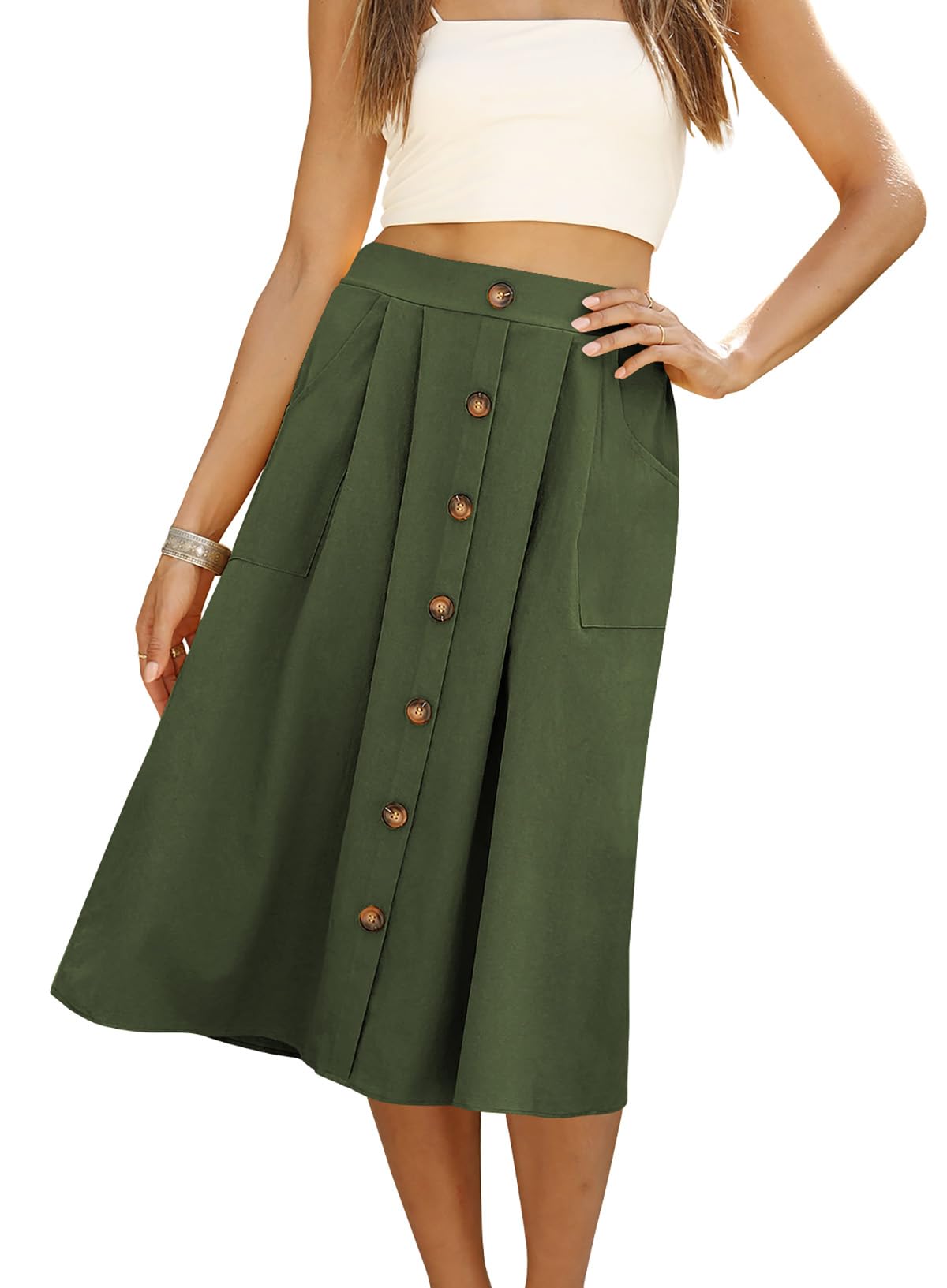 Naggoo Womens Summer Skirts Casual Front Button A-Line High Waisted Midi Skirt with Pockets