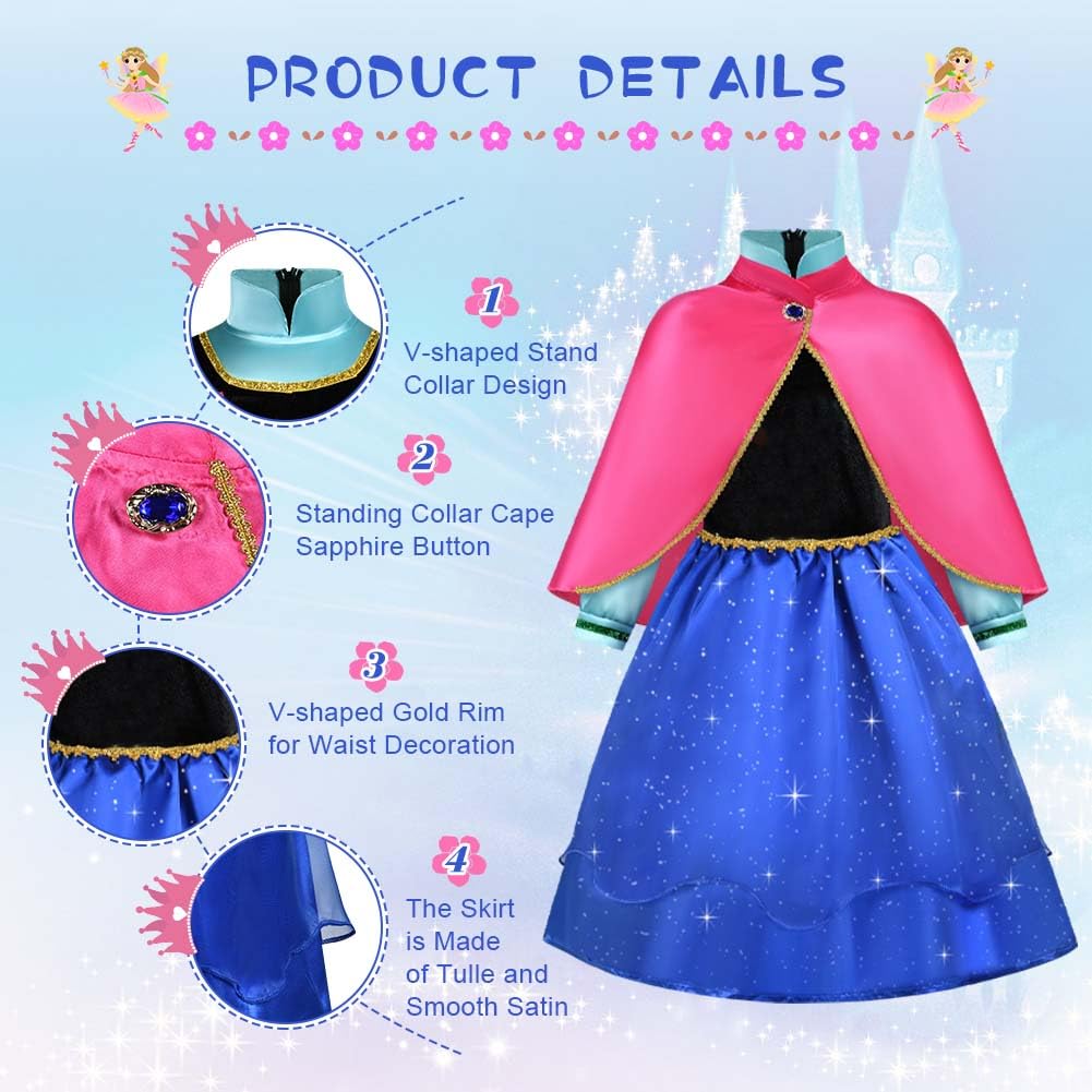 ACWOO Vestito Costume Principessa, Bambina Vestito con Mantello, Costume Vestito Bambina Principessa per Cosplay Party Halloween Natale, Carnevale Compleanno Festa