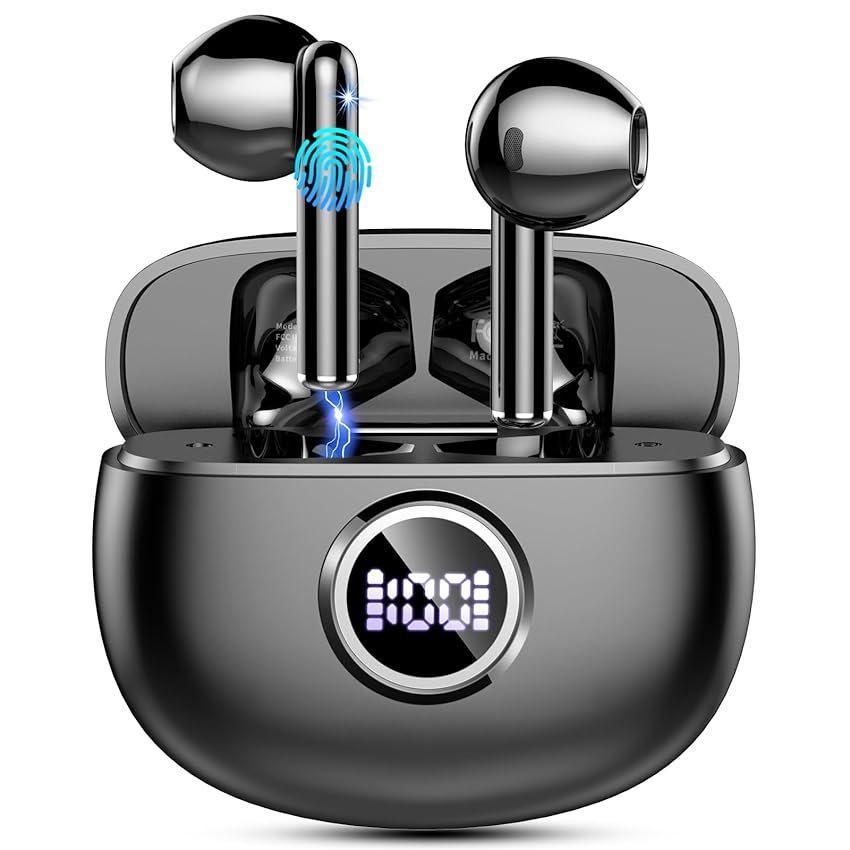 Cuffie Bluetooth, Auricolari Bluetooth 5.3 Stereo con 4 HD ENC Mic, Cuffie Wireless In Ear Cancellazione Rumore, 40 Ore Cuffie Senza Fili IP7 Impermeabile, Cuffiette Bluetooth LED Display, Nero Chiaro