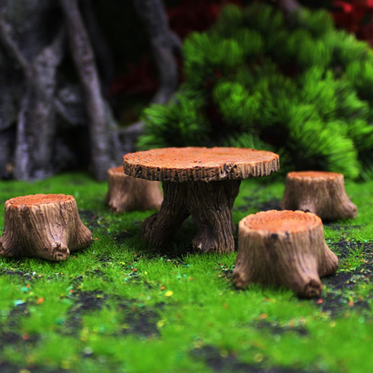 1 Satz Minihocker Mikro Pflanzen Miniatur-Tischstühle Mini-Gartenstühle Wohnkultur Harz-Stumpfhocker- Harz Stuhl Tisch Handwerk Baumstumpftisch Feengartendekor