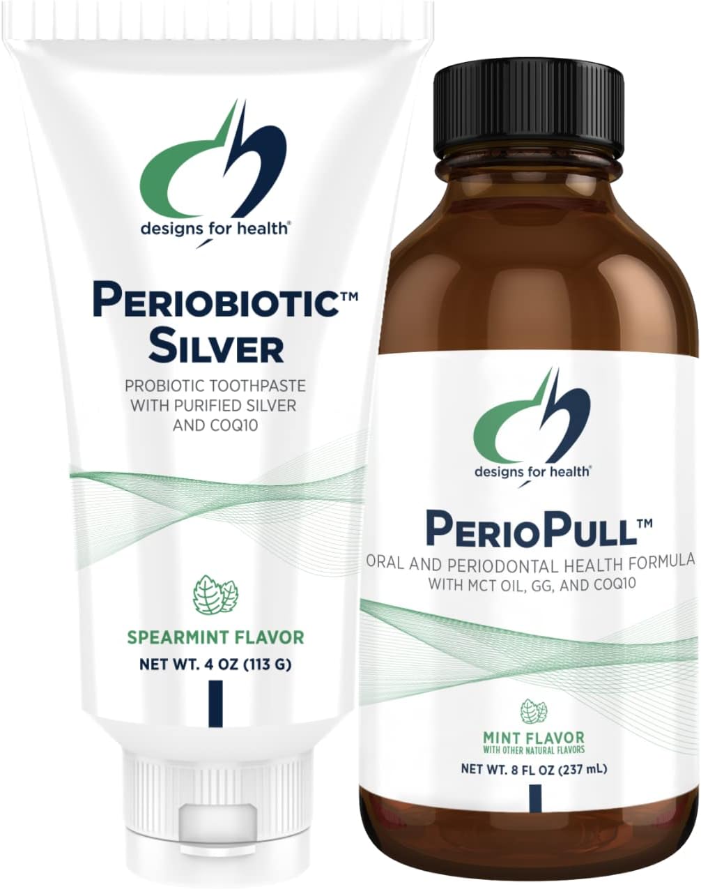 Designs for Health Periobiotic Probiotic Toothpaste + PerioPull Mouth Rinse with MCT Oil, CoQ10 - Fluoride Free Oral Health Duo for Fresh Breath & Healthy Teeth (Spearmint Flavor, 2 Products)