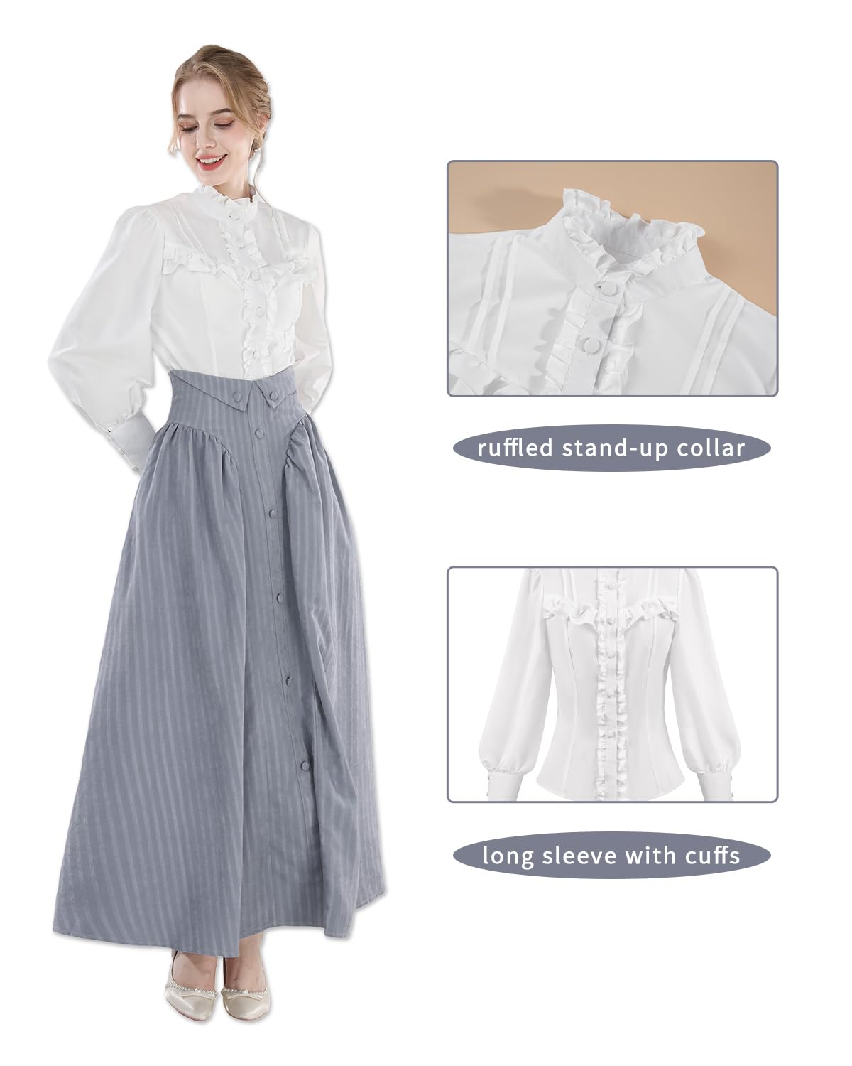 CR ROLECOS Victorian Dress for Women Edwardian Renaissance Costume Medieval Vintage 1800s Dresses, Grayish Blue L - Image 4