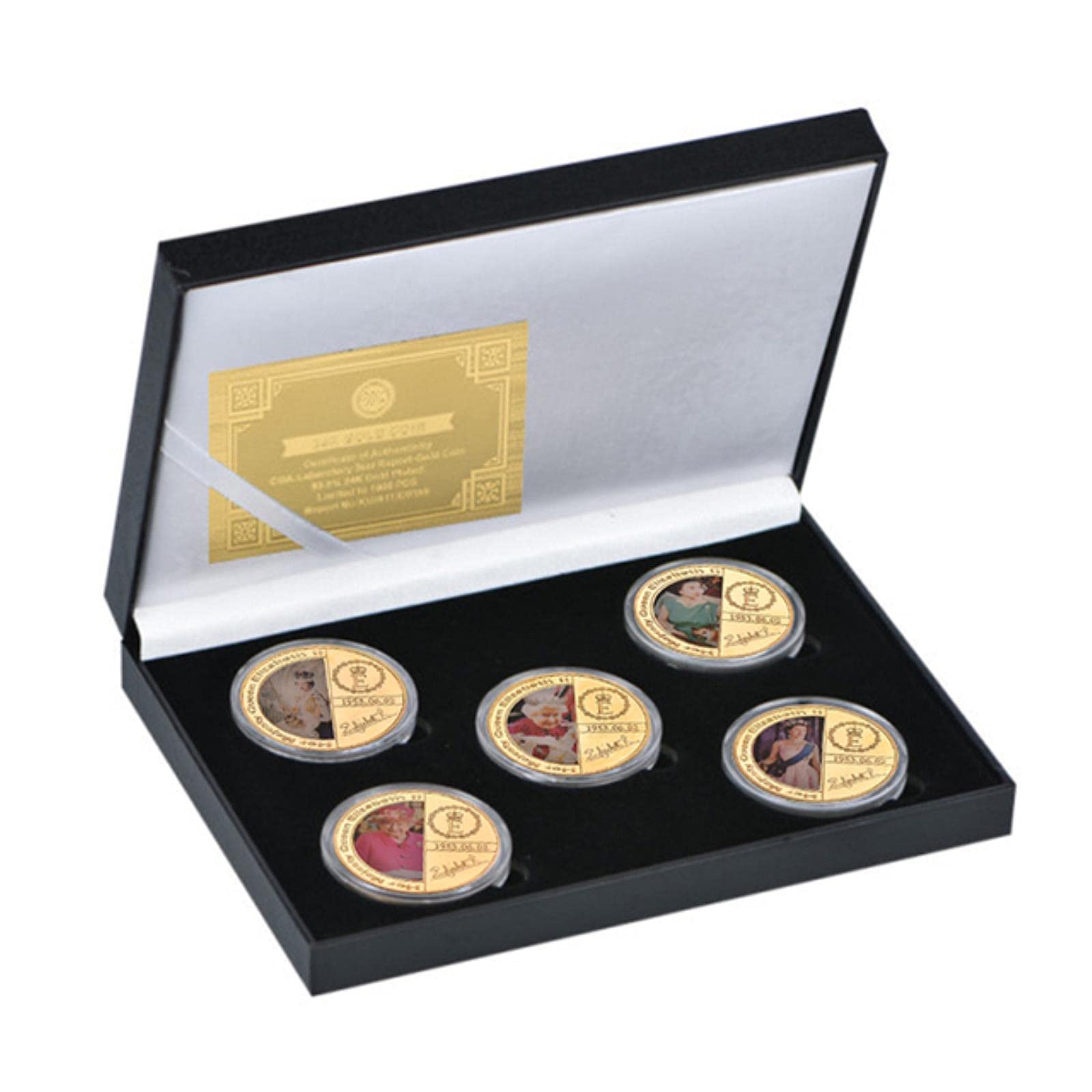 Wlty 5Pcs Coins With Box 1926-2022 Queen Elizabeth Ii Gold Commemorative Coin With Gift Box Royal Family Challenge Coins Collectible Medal Souvenir Gifts