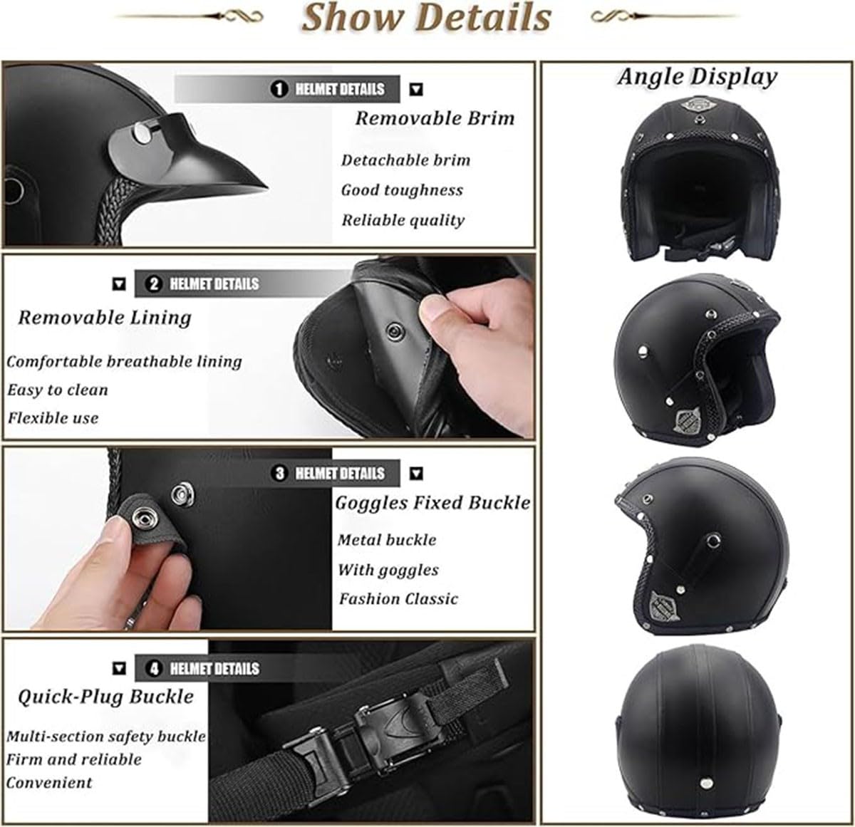 Cascos Abiertos De Moto Vintage DOTECE Homologado 3/4 Cuero Casco Moto Jet Abierto Custom Scooter para Mujer Hombre Adultos Cascos Motocicleta Cascos Half-Helmet