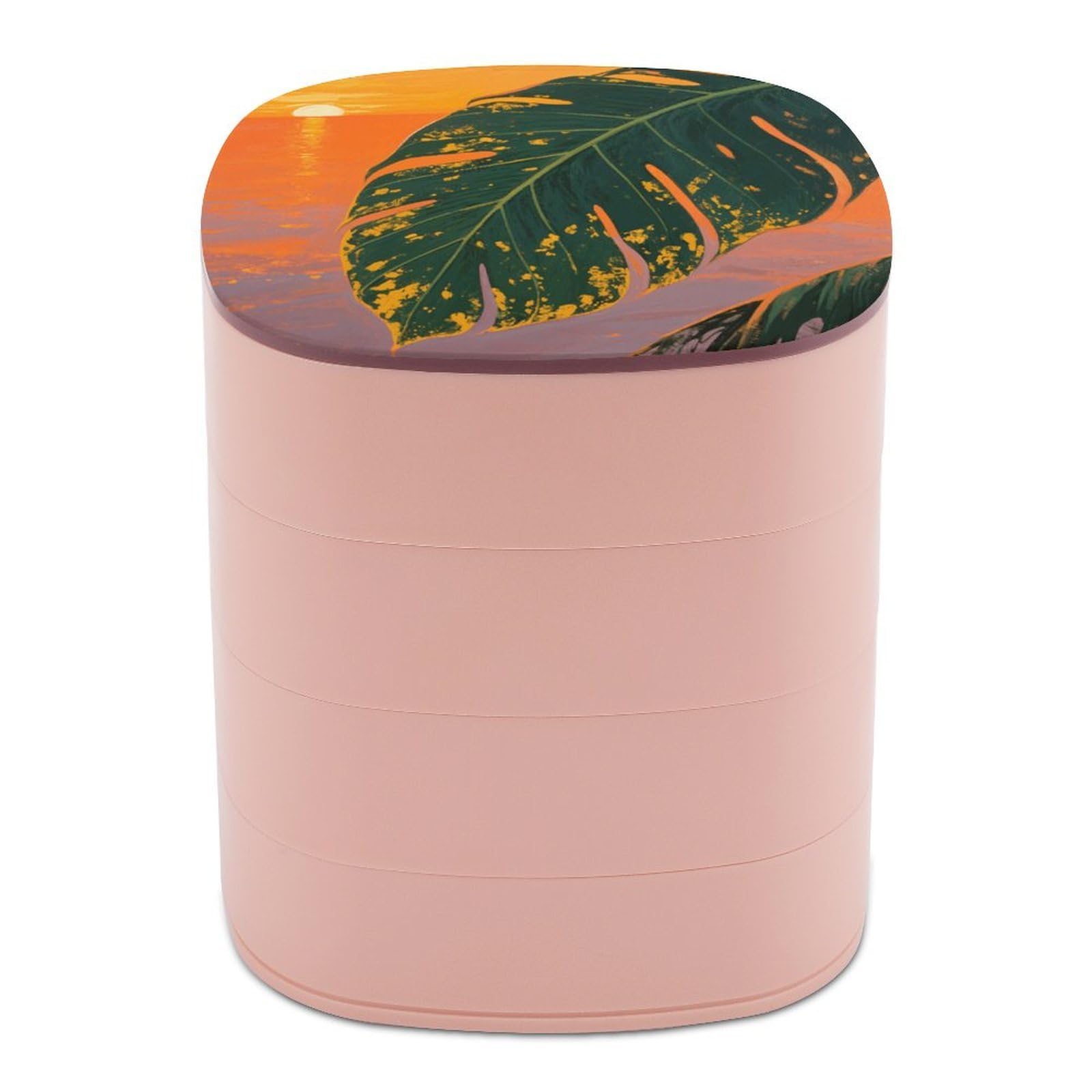 VstaDank Tropical Palm Leaves Jewelry Case Women Portable Travel Jewelry Box Rotating Jewelry Organizer with Mirror Multi-Layer Necklace Ring Earring Storage Box for Bracelets Rings