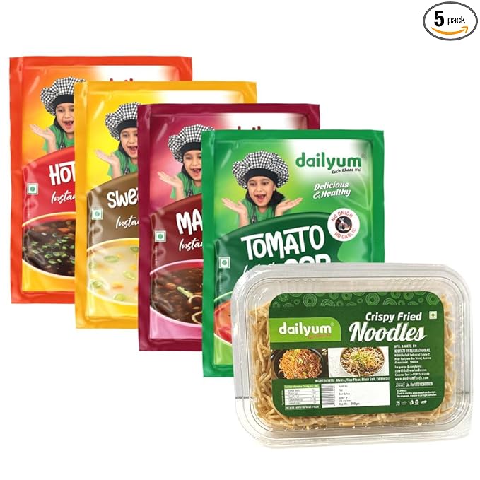 Instant Soup Combo of 5 | No Onion No Garlic| Manchow Soup 50g | Sweet Corn Soup 50g | Tomato Soup 50g | Hot N Sour Soup 50g | Crispy Fried Noodles 200g | Natural | No MSG | Jain
