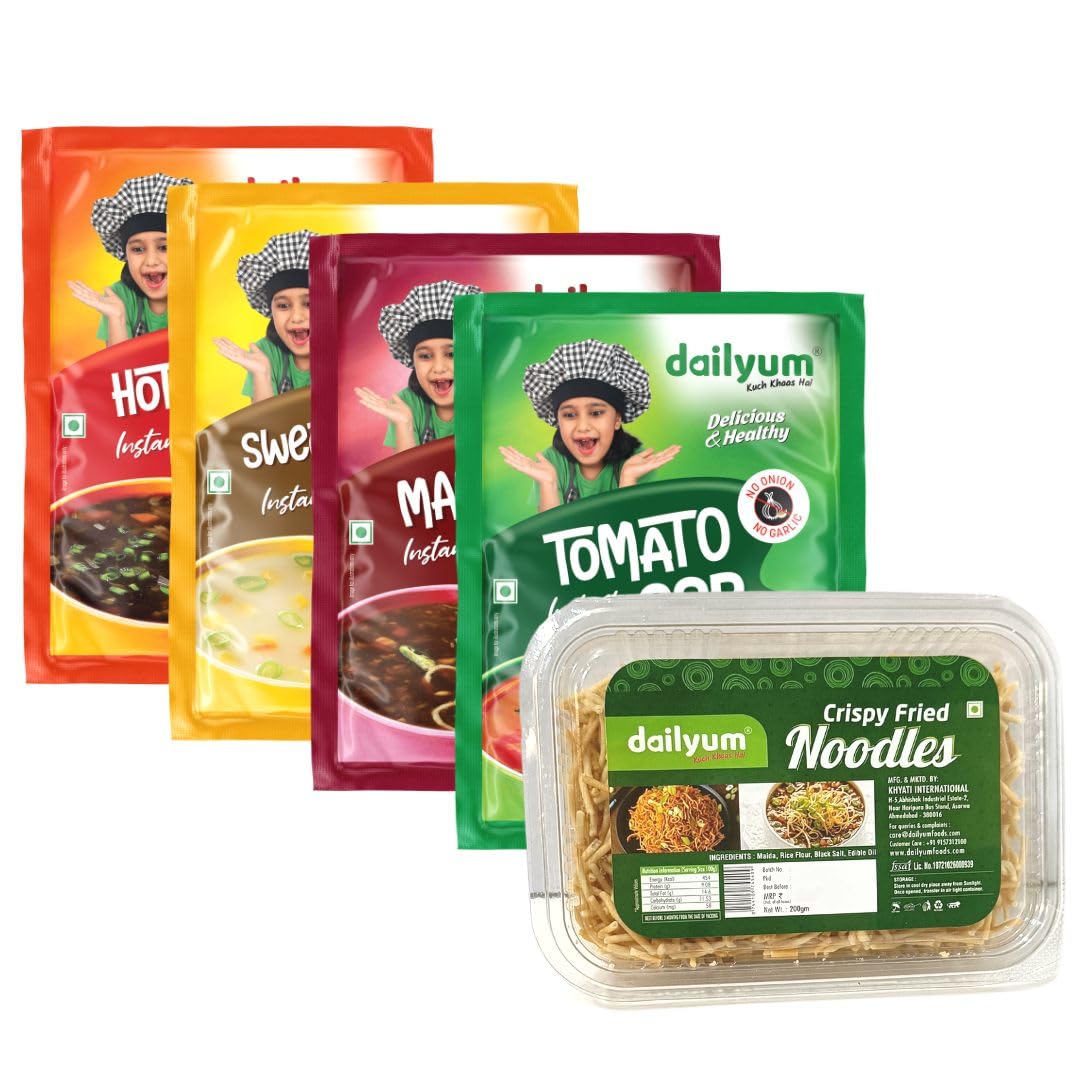 Dailyum Instant Soup Combo of 5 | No Onion No Garlic| Manchow Soup 50g | Sweet Corn Soup 50g | Tomato Soup 50g | Hot N Sour Soup 50g | Crispy Fried Noodles 200g | Natural | No MSG | Jain (B0BT28NBDC) Amazon Price History, Amazon Price Tracker