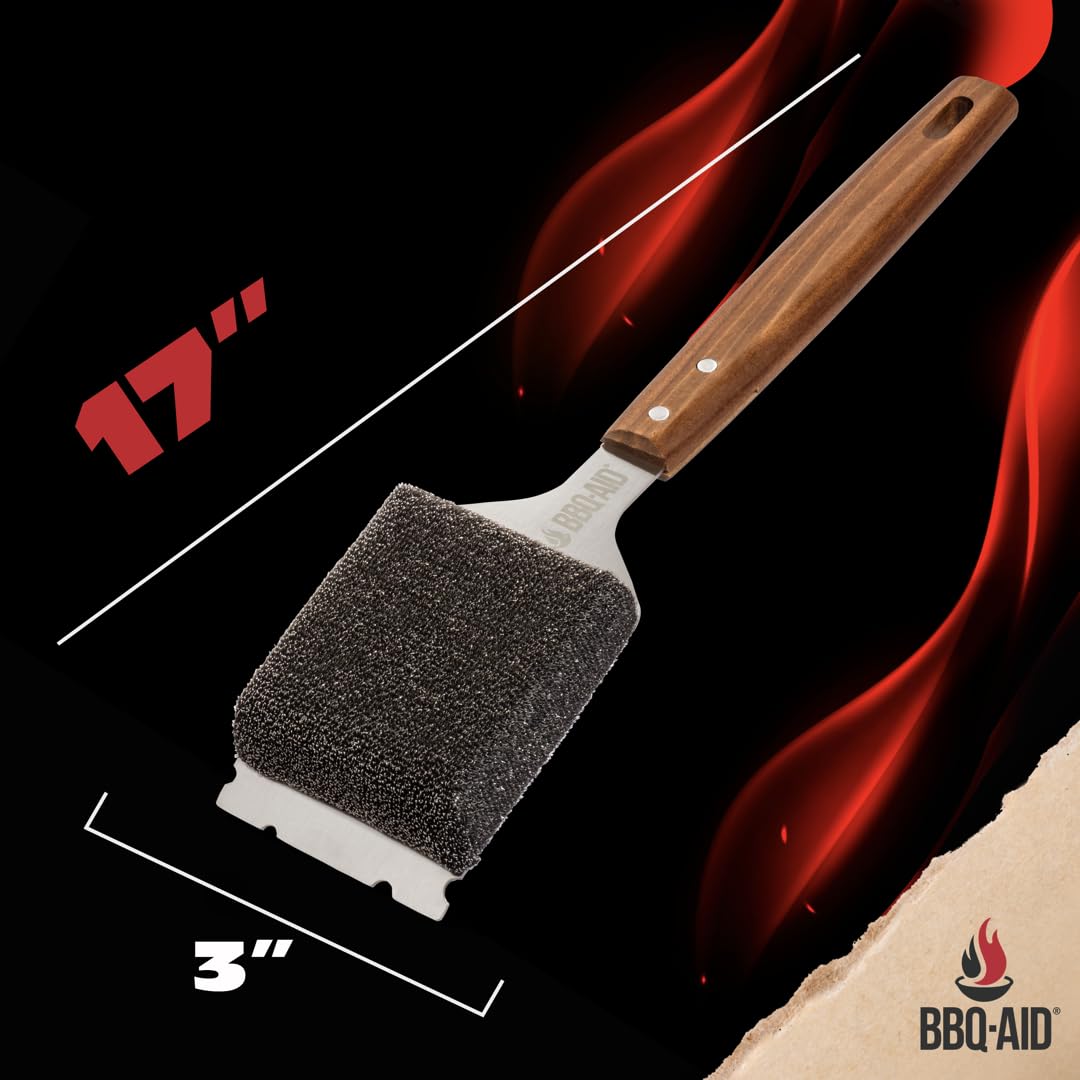 Cepillo de parrilla sin cerdas y raspador para barbacoa, mango de madera grande extendido con cabezal reemplazable, accesorios de limpieza de barbacoa sin arañazos para parrillas al aire libre 7
