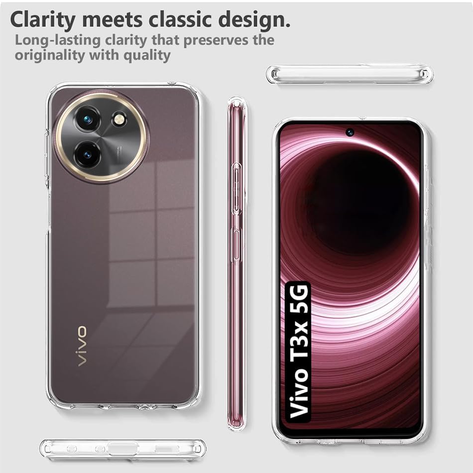 Image of NISHTECH for Vivo T3X 5G (2024) Premium Transparent Hybrid Soft Slim Dust Proof Back Case Cover Silicone with Camera Protection