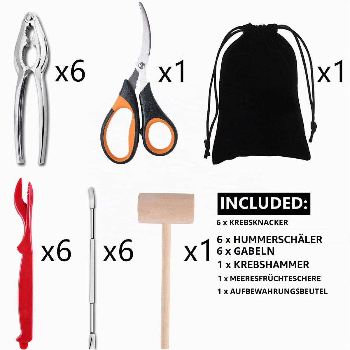 Artcome 21-teiliges Meeresfrüchte Werkzeug Set für 6 Personen, 6 Gabeln, 6 Hummer Krabben Cracker, 6 Hummerschäler, 1 Hummer krabbenschlägel, 1 Meeresfrüchte Schere
