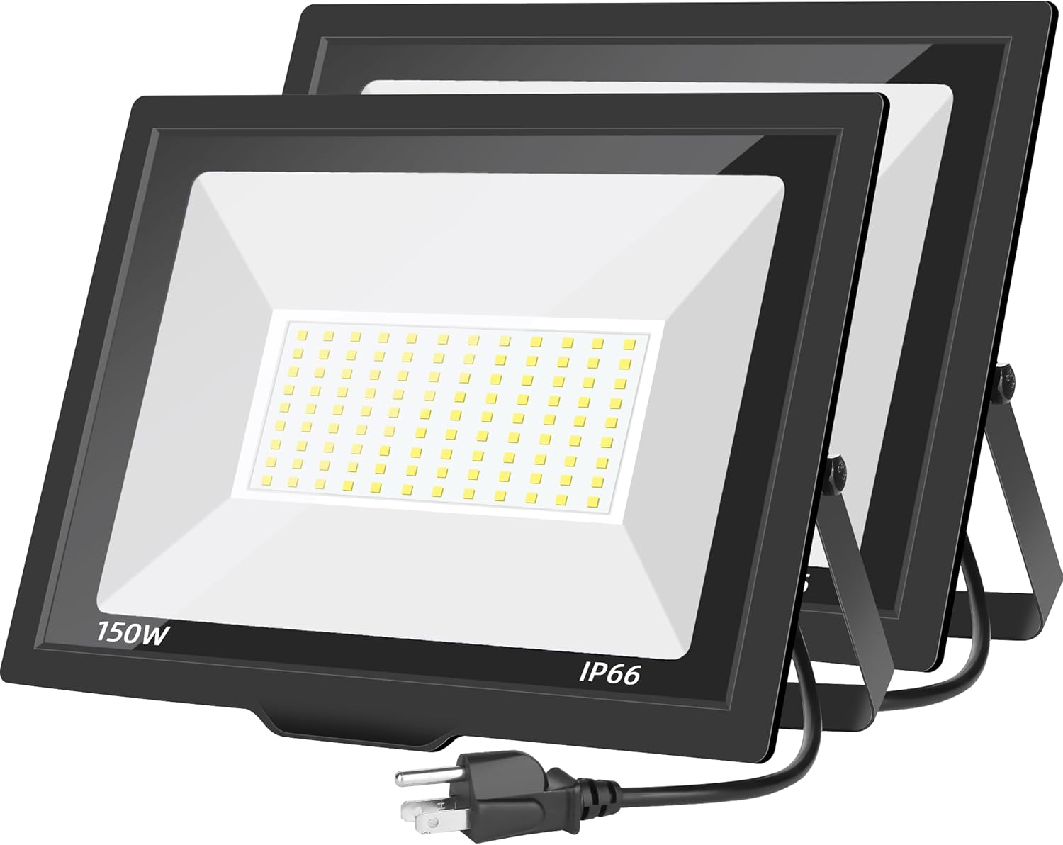 150W LED Flood Lights Outdoor with Plug, 18000Lm Super Brighter Security Light, IP66 Waterproof LED Work Light, 6500K Daylight White Exterior Floodlight for Yard Garden Barn Stadium (2 Pack)