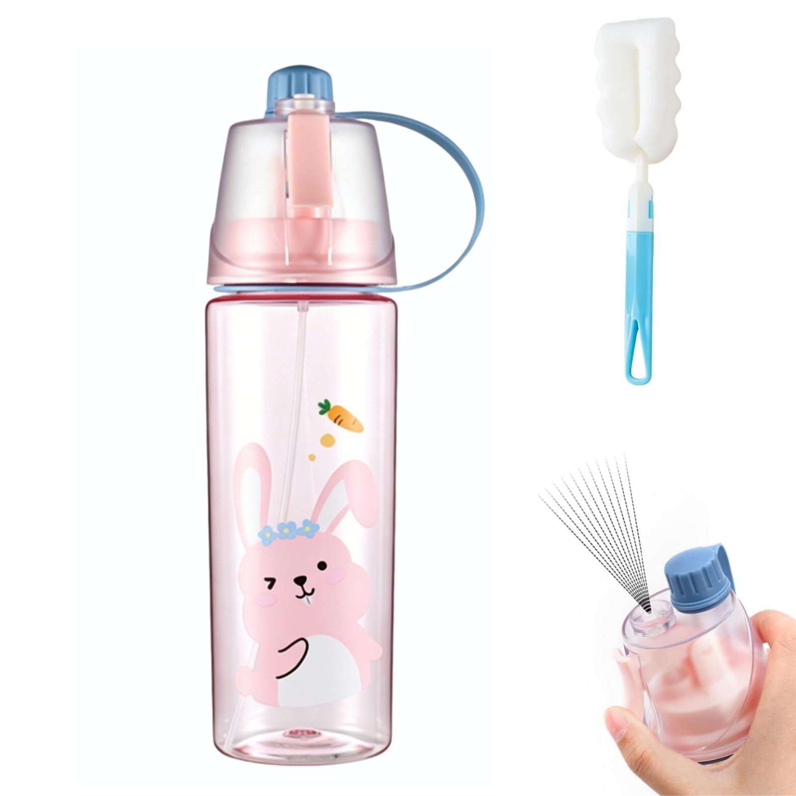Mtbricey 600ml Spray Water Bottle with Cup Brush 2-in-1 Cute Leakproof Misting Sports Drinking Bottles for Kids Adults Portable Outdoor Cooling Bottle for Cycling Running Hiking (Style B)