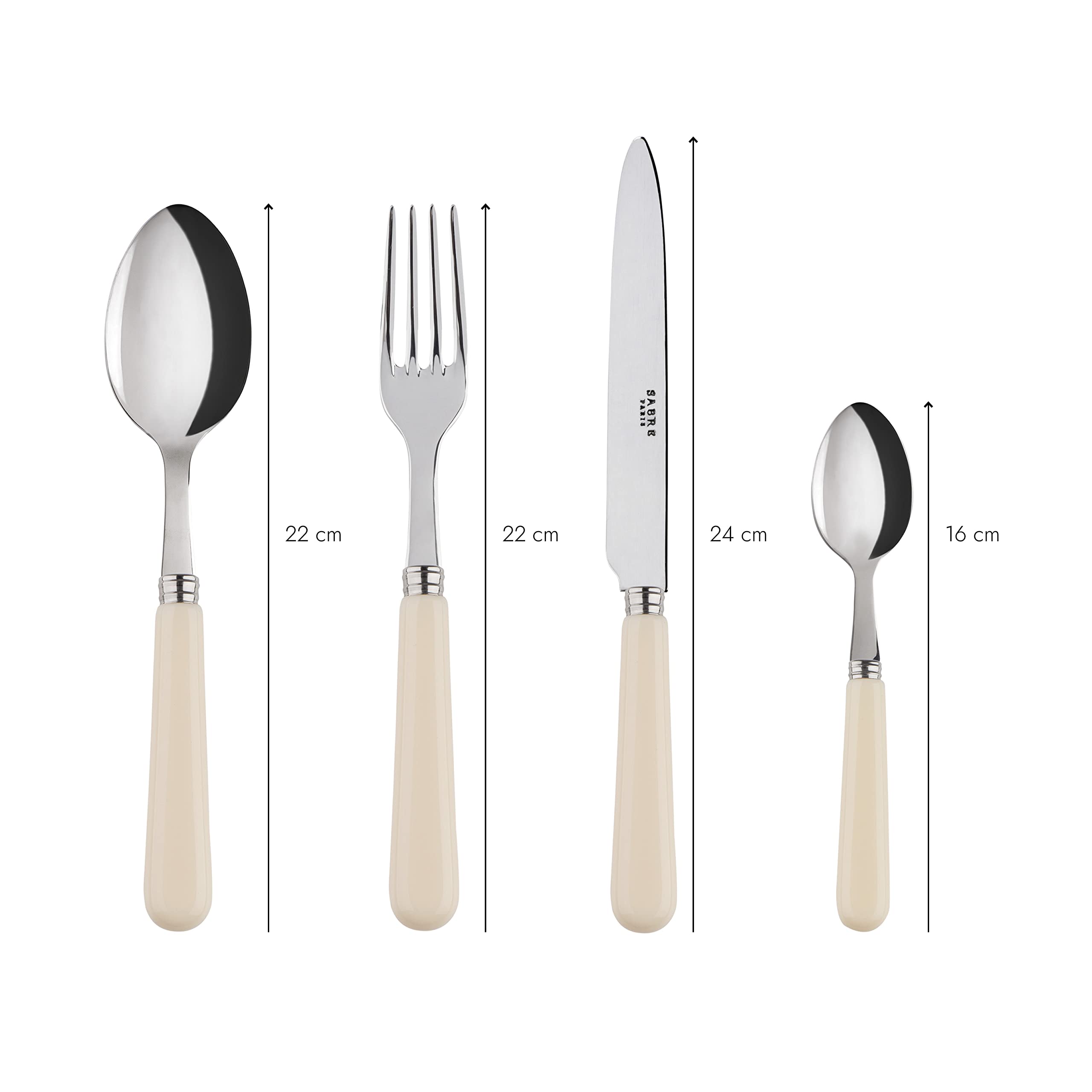 Sabre Paris | Juego de cubiertos de mesa de 4 piezas Pop, color Marfil. Incluye cuchillo, tenedor, cucharada y cuchara pequeña de acero inoxidable., 0543-033-0002