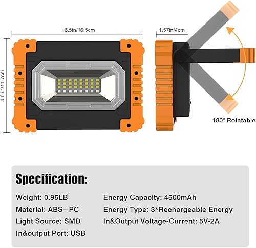 Miniatura 4 de Luz de trabajo recargable, COB 1100 LM LED luces de trabajo con capacidad de 4500 luces de trabajo portátil de rotación de 180 IP65 impermeable para