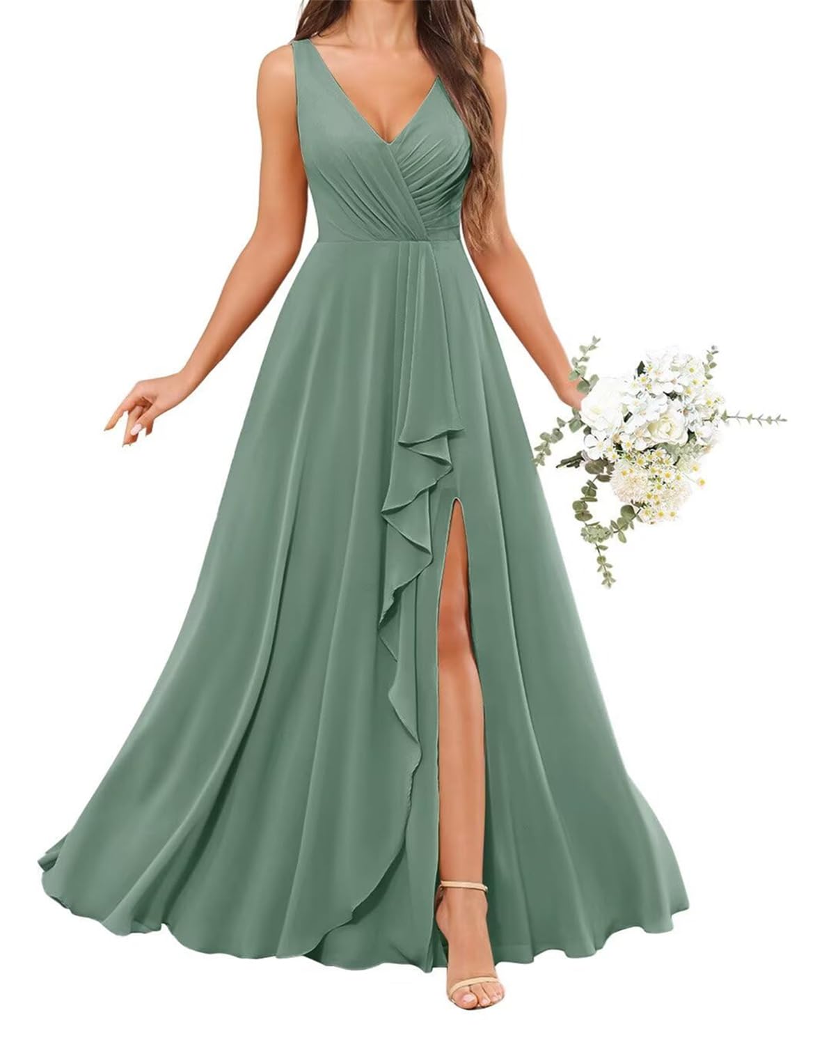 Hppee Women's Eucalyptus Long Bridesmaid Dresses With Slit For Corset Sleeveless Summer Formal Evening Dress Uk10