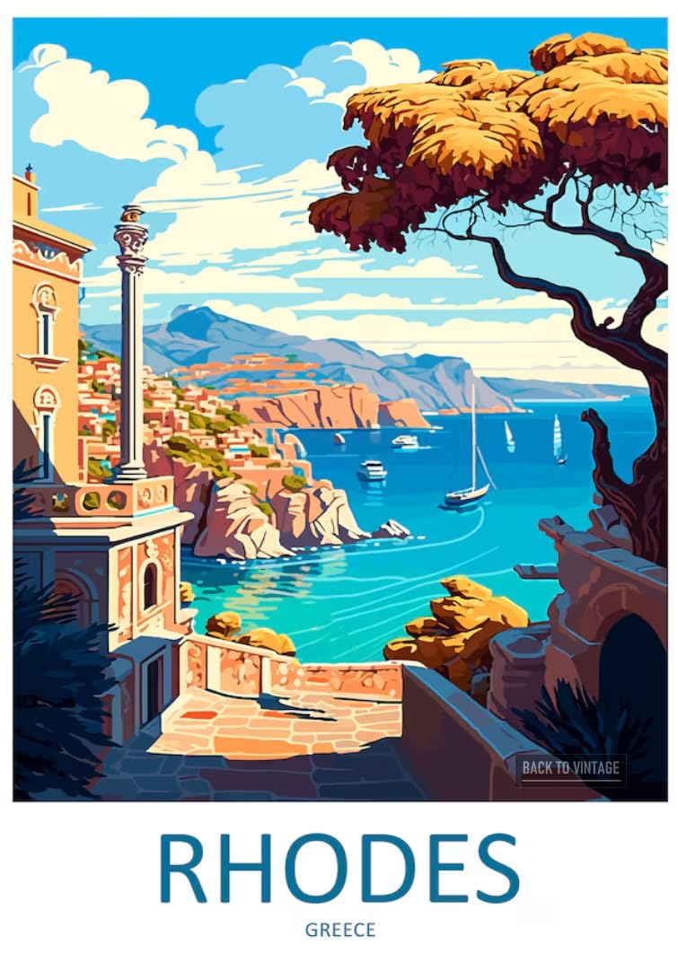 BACK TO VINTAGE Scenic Rhodes Greece - A4 Travel City Poster Wall Art Home Decor Art Print with Iconic Landmarks and Global Views for Culture Inspired