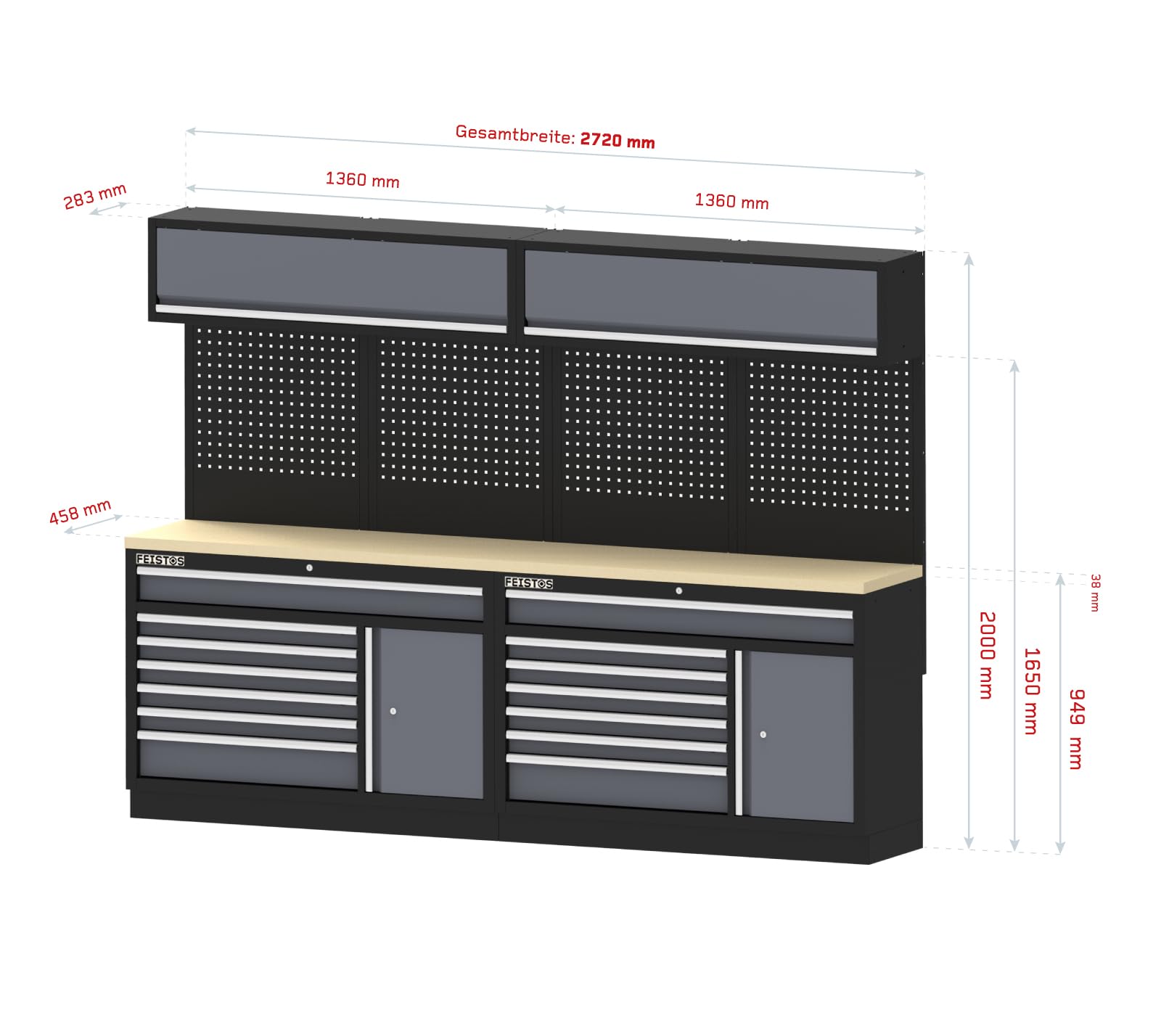 Apollo 23 Werkstatteinrichtung | XXL Werkzeugschrank mit Werkbank & Lochwand | pulverbeschichteter Stahl | 2 Arbeitsplatten | Modular erweiterbar | Schubladen & Hängeschränke