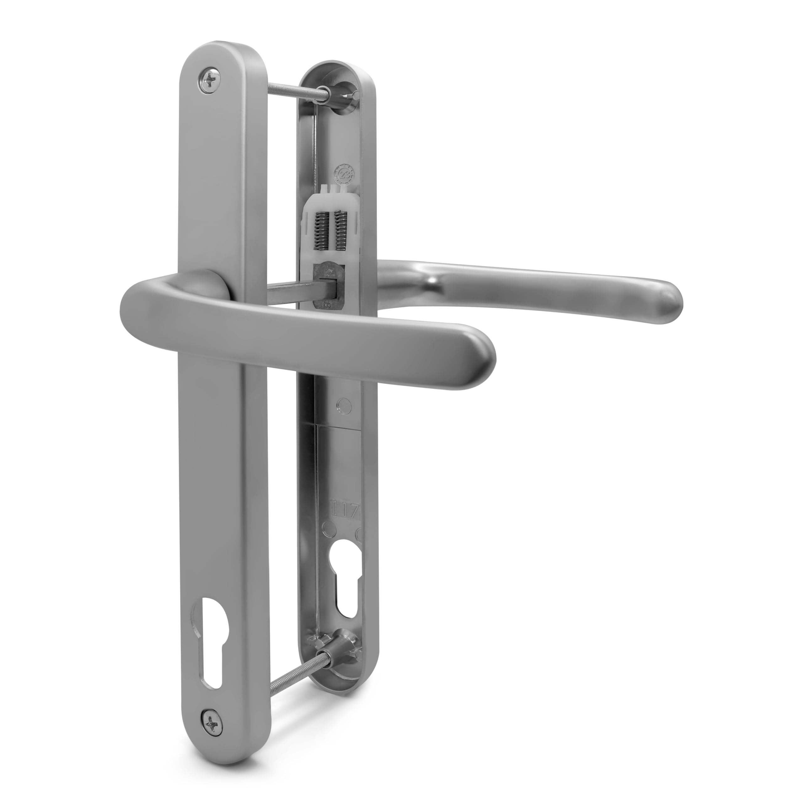 TSS Silver UPVC Door Handle Pair Set, 117mm PZ (Centres), Sprung, Lever Lever, 237mm Screw To Screw (screw centres)