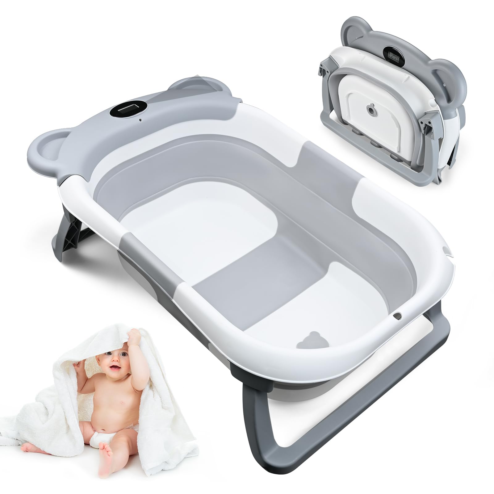 Vaschetta da Bagno per Neonati Pieghevole con Cuscino Antiscivolo e Termometro, Vasca Portatile con Struttura, Ideale per Viaggi e Docce per Bambini