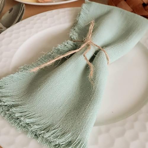 FLCSIed Handmade Cloth Napkins 100% Cotton Napkins with Fringe, Set of 4, 17.7 x 17.7 Inch Cotton Napkins Reusable Napkins Cloth Washable Table Napkins for Wedding Party (Sage Green)