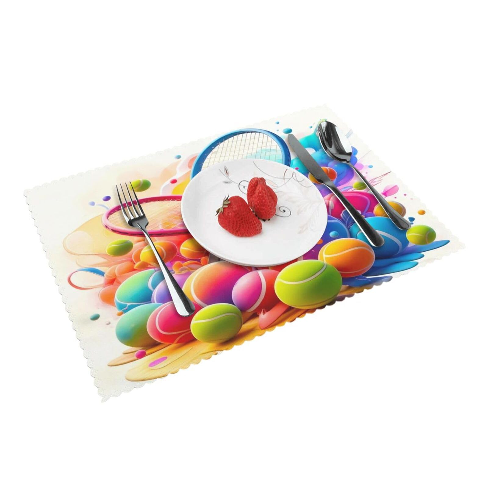 Colorful Tennis Ball Racket Placemats Set of 4 Print Table Mats Place Mats Table Decor for Kitchen Dining 12X18 in