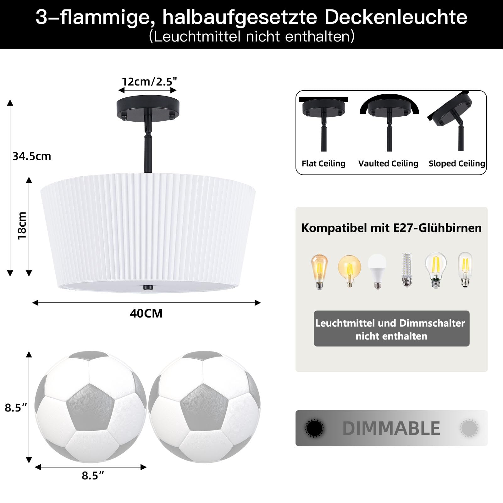 3 Flammig Deckenleuchte mit Stoffschirm Schwarz Trommelleuchte Ø40 cm 40W | Hochwertige Metalle,Moderne Rund Deckenlampe,E27 Fassung,Dimmbar,Weiße Stoff Lampenschirm für Schlafzimmer, Flur, Eingang