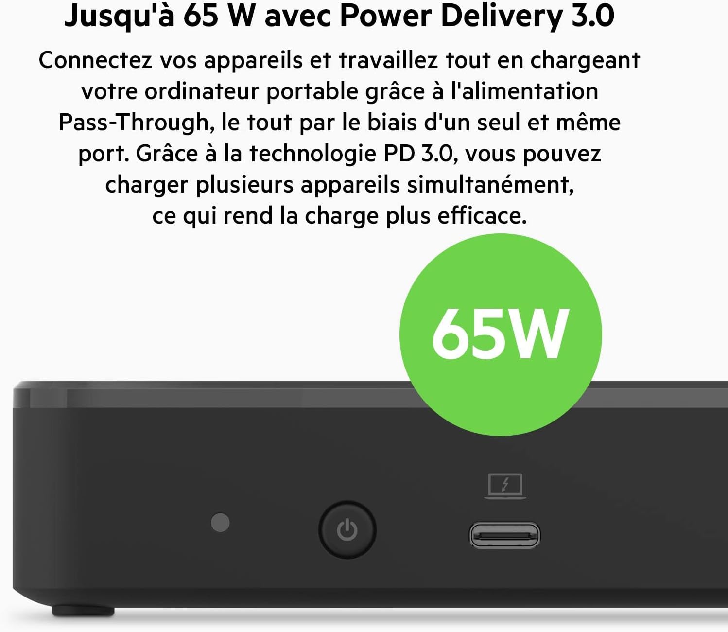 Close-up of the Belkin docking station showing the 65W Power Delivery feature