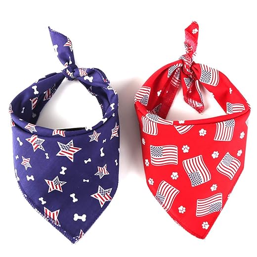 Tinsow 2 PCS Washable Dog Bandanas Bibs American Flag Square Dog Kerchief Independence Day Dog Collar Cat Pets Collar (Blue and Red-B)