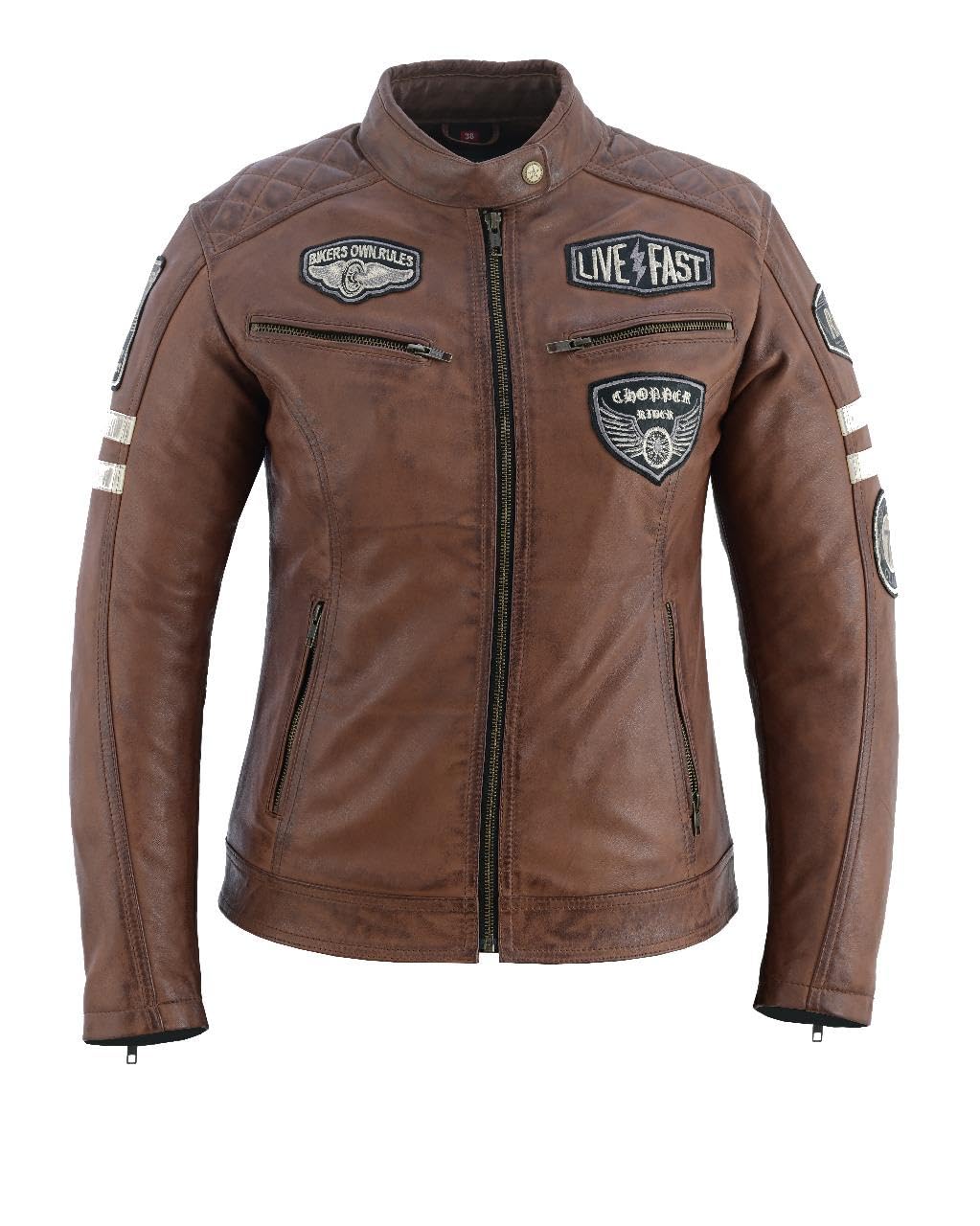 Veste de Moto En Cuir Pour Femme- Blouson Avec Protection Douce Cuir Et Vent Armure Corps été Hiver Tourisme Motard Blinde Marron