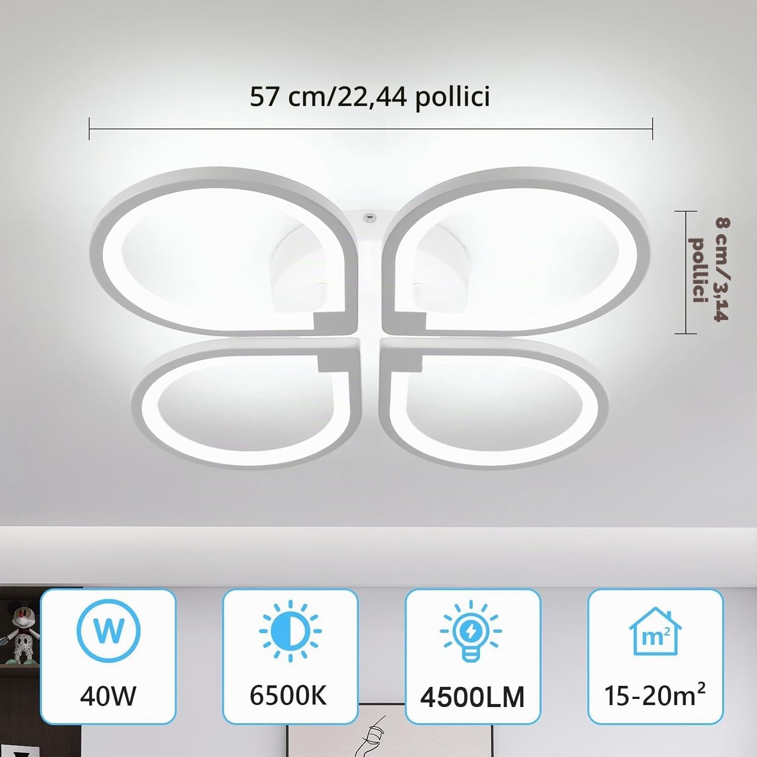Comely Plafoniere LED quattro petali, Lampada da Soffitto 40W 3800LM, Creativo Plafoniere Moderno per Soggiorno Cucina Bagno Camera da Letto Corridoio, Bianco Freddo 6500K, Diametro 57cm, Bianco