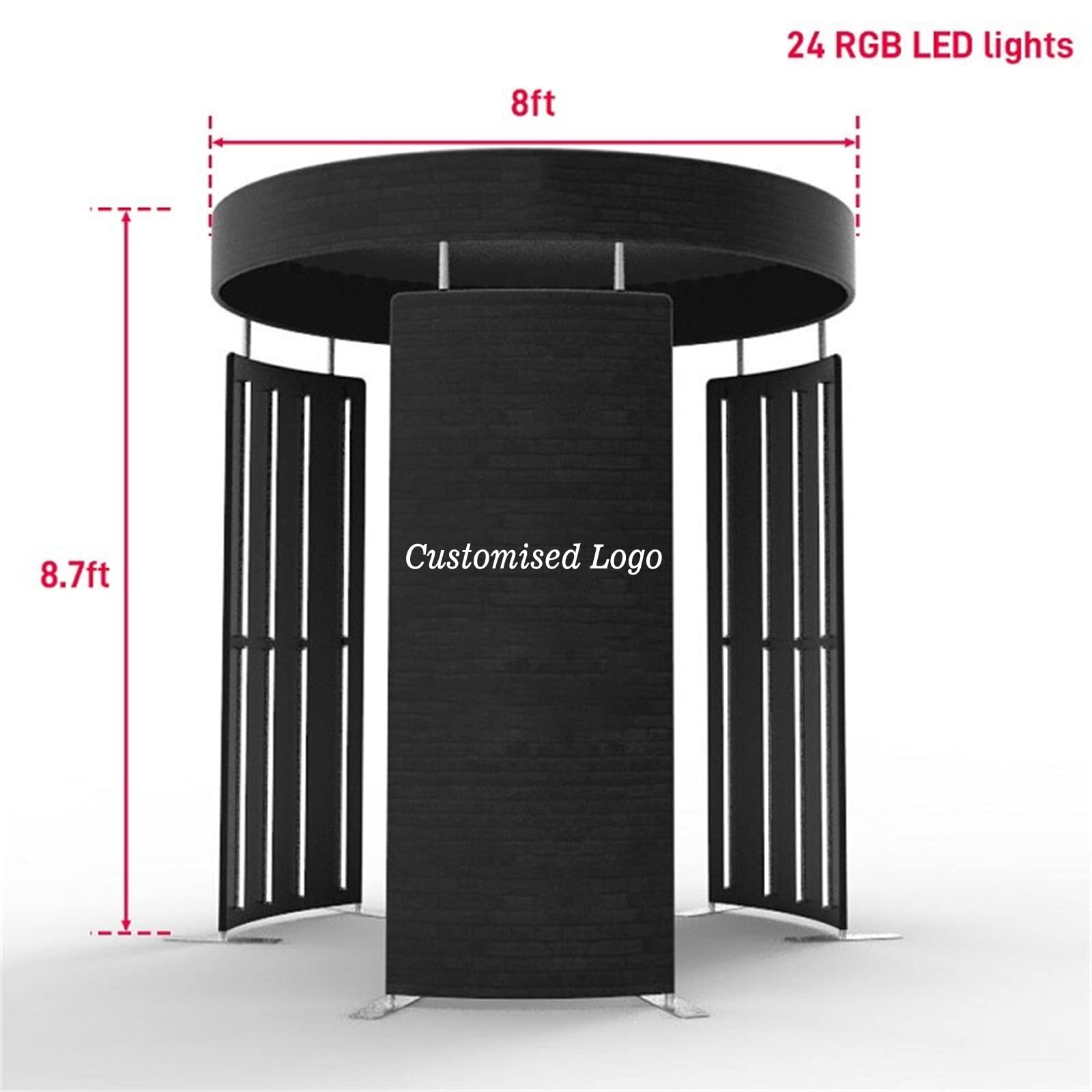 ZLPOWER 8FT Photo Booth Enclosure Backdrop Tents with Top Customized Logo Tension Fabric Movable Backdrops Degree Camera Background Video Photostudio with RGB 24 PCS LED Light for Rental Wedding Party