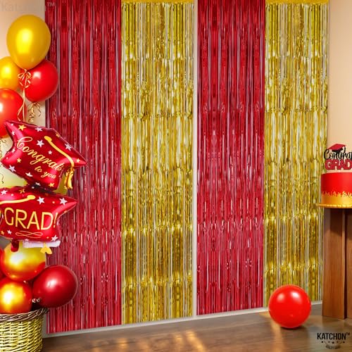Image of KatchOn, Gold and Red Fringe Backdrop - Xtralarge, Pack of 2 | Foil Fringe Curtain for Nurse Graduation Party Decorations | Prom Decorations 2026 | Red and Gold Graduation Decorations 2026