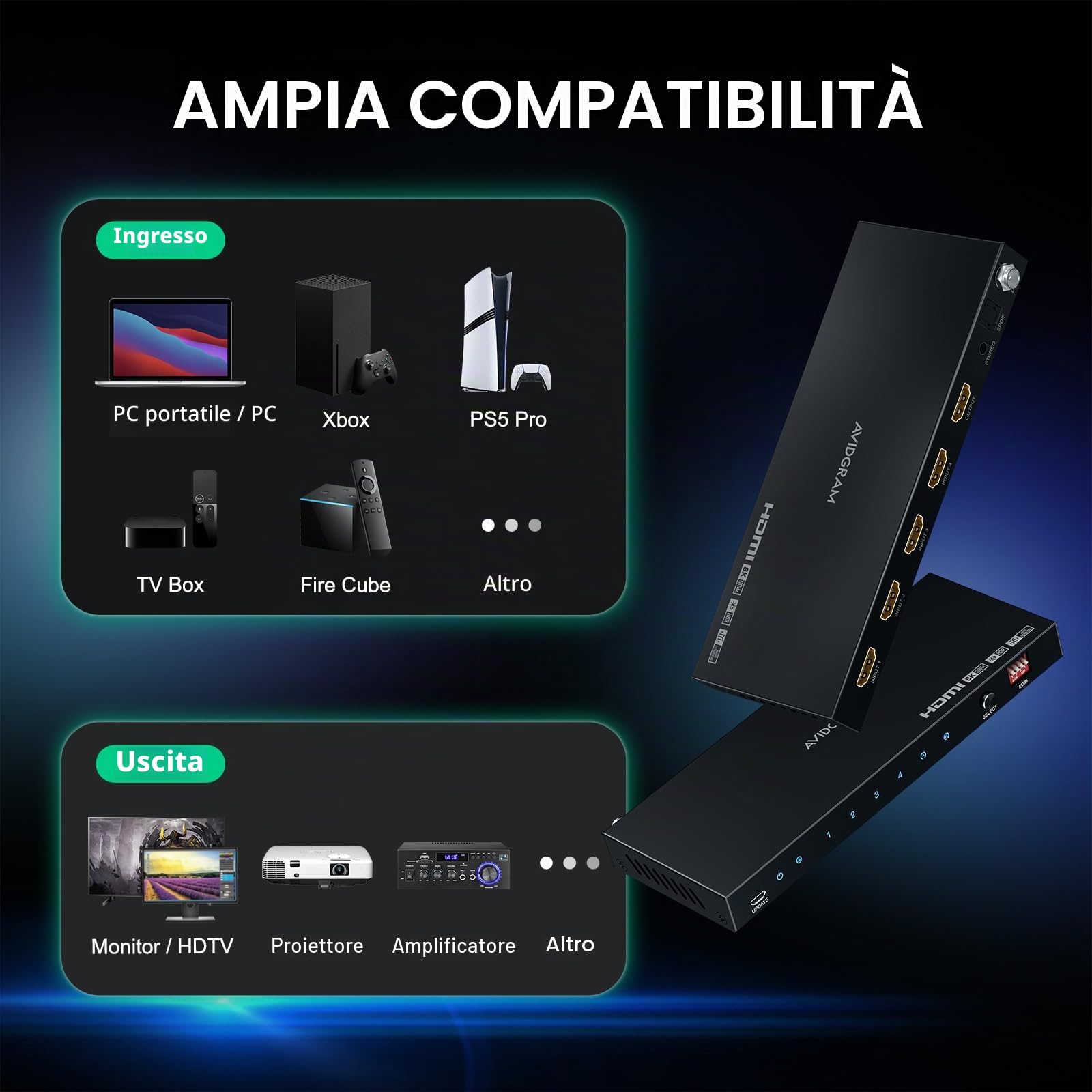 AVIDGRAM Switch HDMI a 4 porte 4K 120Hz, Switcher HDMI 2.1 4 in 1 out 8K 60Hz con estrattore audio Toslink 3,5 mm e telecomando, 16 modalità EDID, HDCP 2.3, HDR10, VRR, ALLM, QFT, CEC
