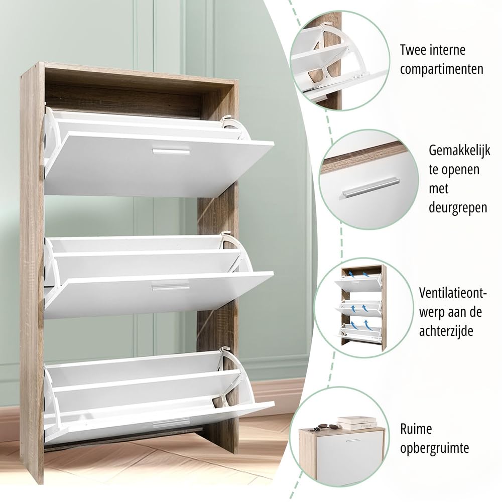 CASABEL, Mueble Zapatero de 18 Pares, Estantería de Gran Capacidad para vestíbulo o Pasillo, (Ancho) 60 x (Profundidad) 24 x (Alto) 113 cm, Madera Clara Blanca