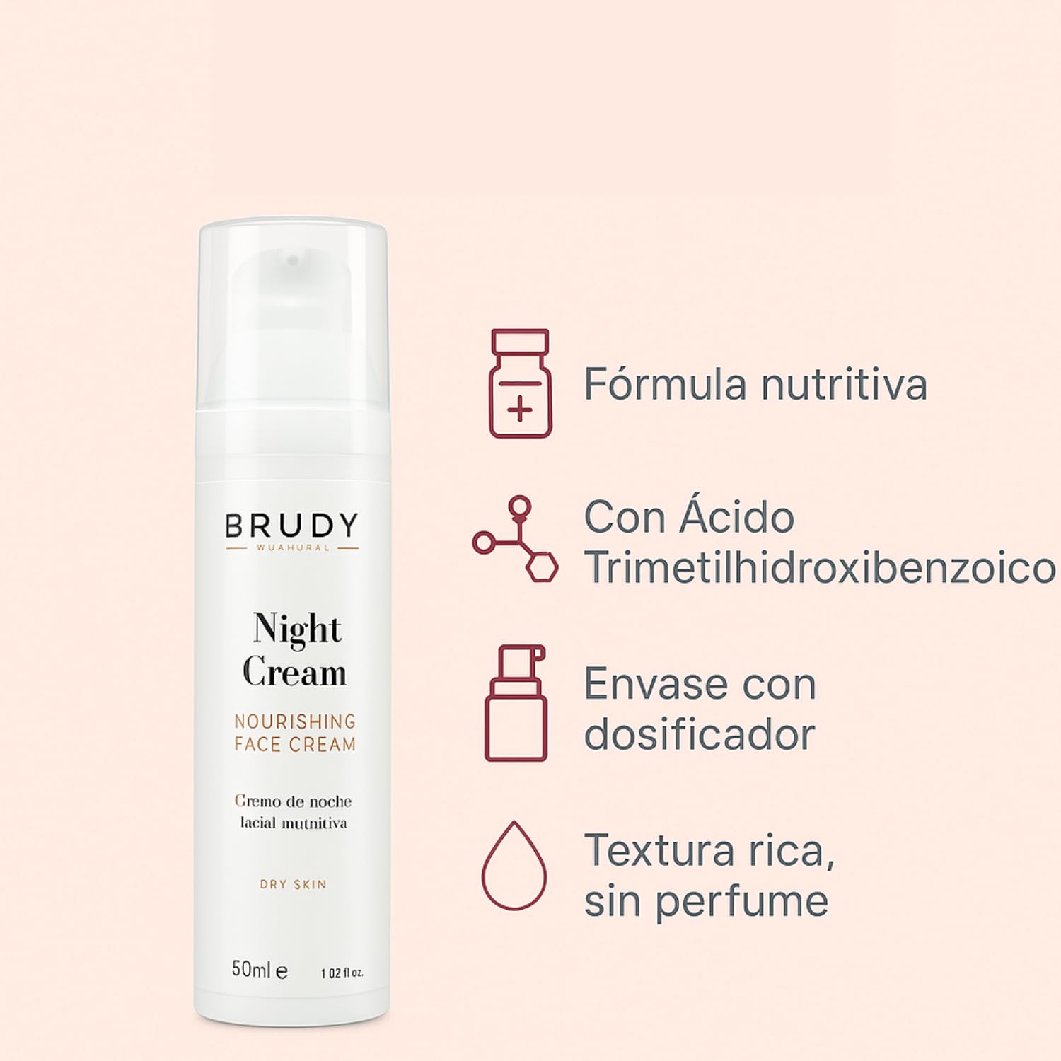 BRUDY COSMETICS - Crema Facial de Noche para Piel Seca – Hidratación y Nutrición Intensiva con Ácido Hialurónico, Neuvachiol y Aceites Vegetales – Rápida Absorción - Vegano - 50 ml