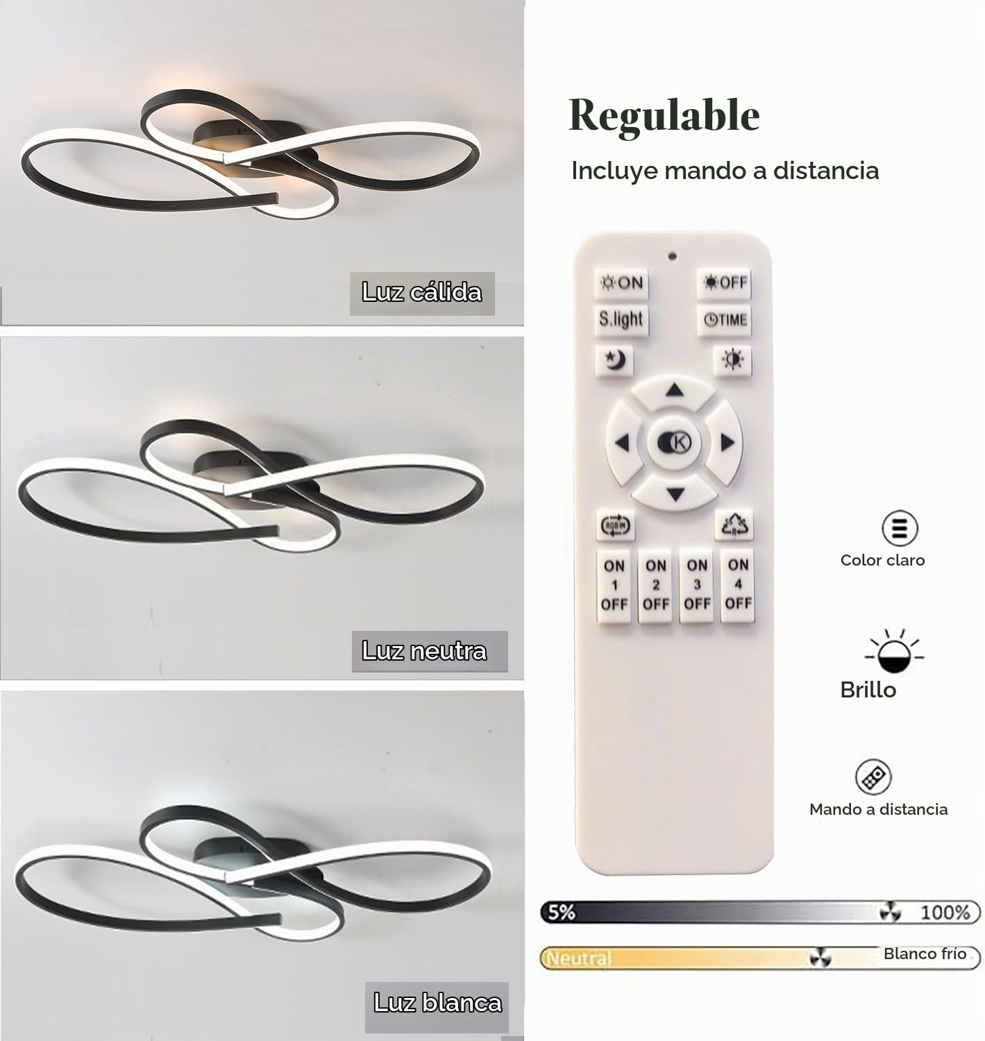 Luz de techo LED,Lámpara de techo LED regulable,Lámpara de techo salón con mando a distancia,iluminación interior creativa en metal, Decor Plafon techo para dormitorio comedor sala (Negro, 60cm)