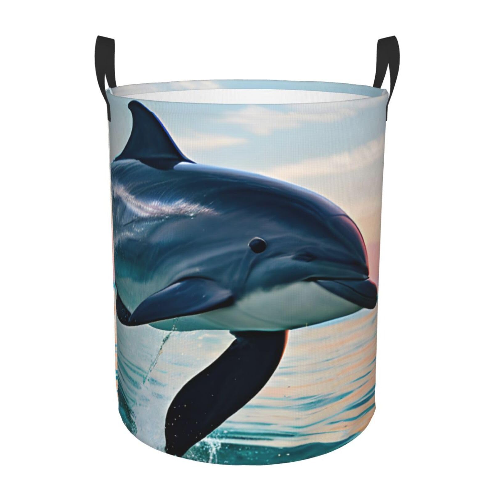 S Collapsible Round cute Dolphin jumping Print Laundry Hamper