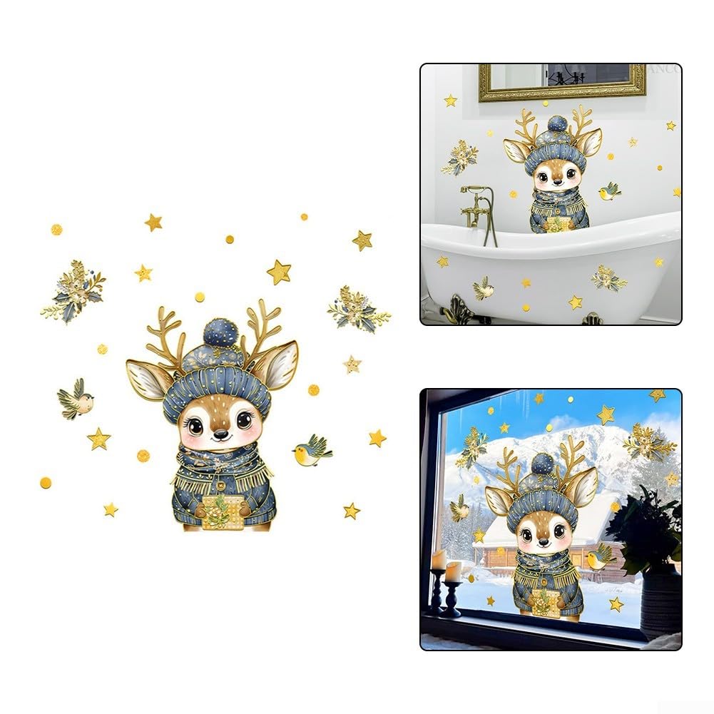Calcomanía de ventana de Navidad de dibujos animados de alce dorado de PVC adhesivo de pared reutilizable para decoración del hogar de temporada 86 x 95 cm