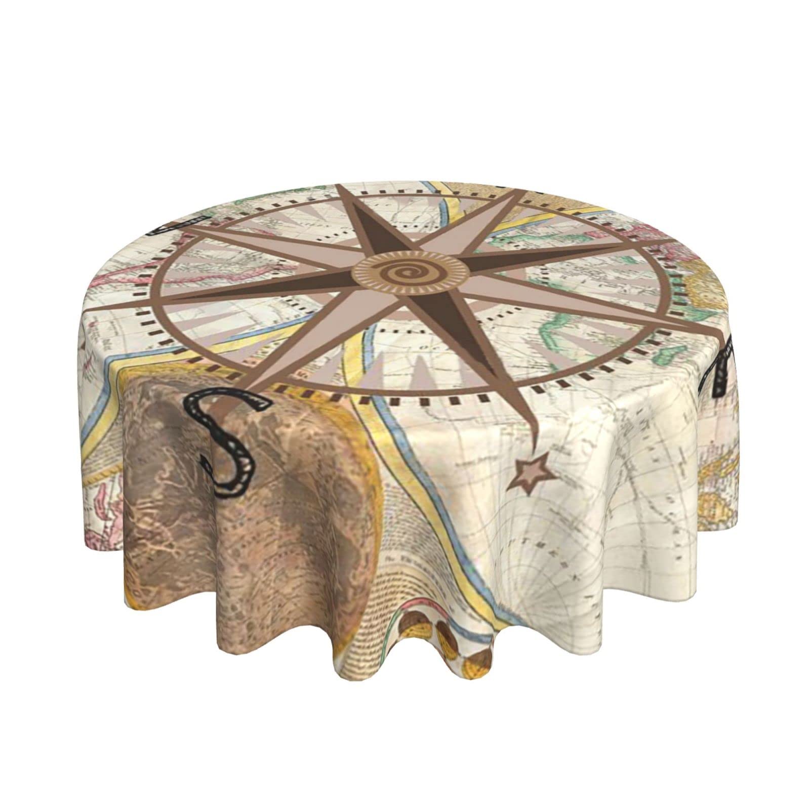 Bozhoushimotangbaihuoyouxiangongsi Tablecloth 224 Tablecloths Nautical Map World Compass Rose Travel Wrinkle Free Table Covers Waterproof Round Tablecloths 152Cm For Celebration Picnic Dinning Tabletop