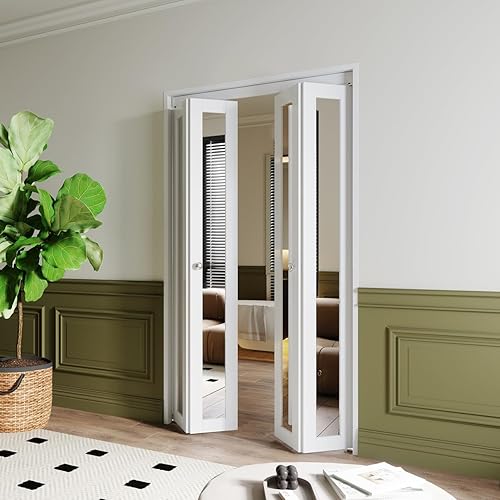BARNER HOME Puertas doblables con panel de cristal de espejo completo para apertura de 48 pulgadas (doble 24 pulgadas) x 80 pulgadas, puertas de
