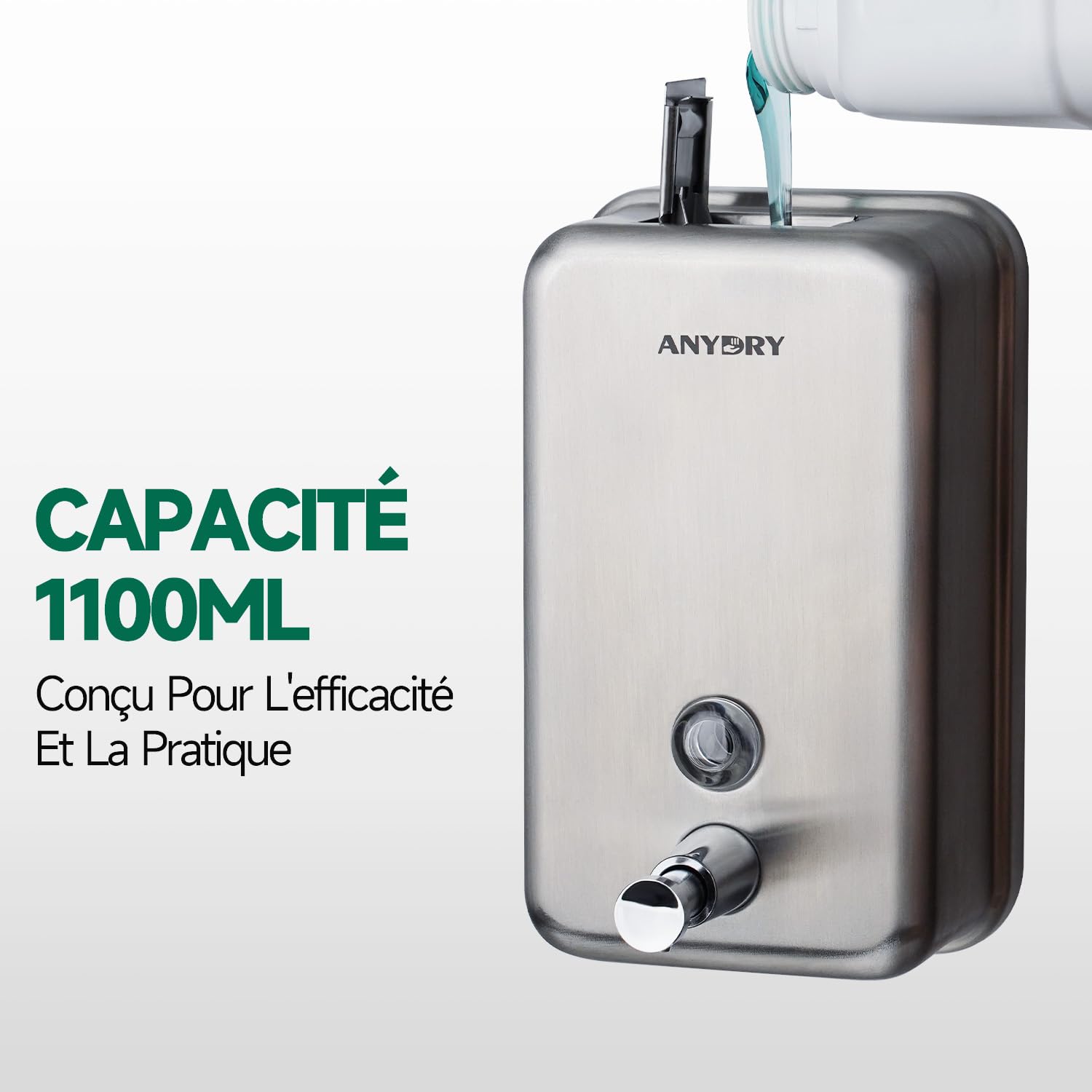 anydry Distributeur de Savon Manuel Professionnel 1100ml, Finition en Acier Inoxydable Durable, Mural pour Salle de Bain & Cuisine (Brossé)