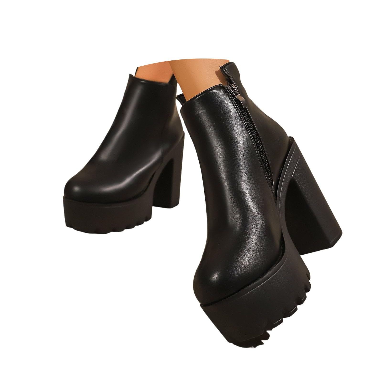 Womens Chelsea Platform Boots PU Leather Block Heel Biker Bootie Fashion Non-slip Ankle Boot